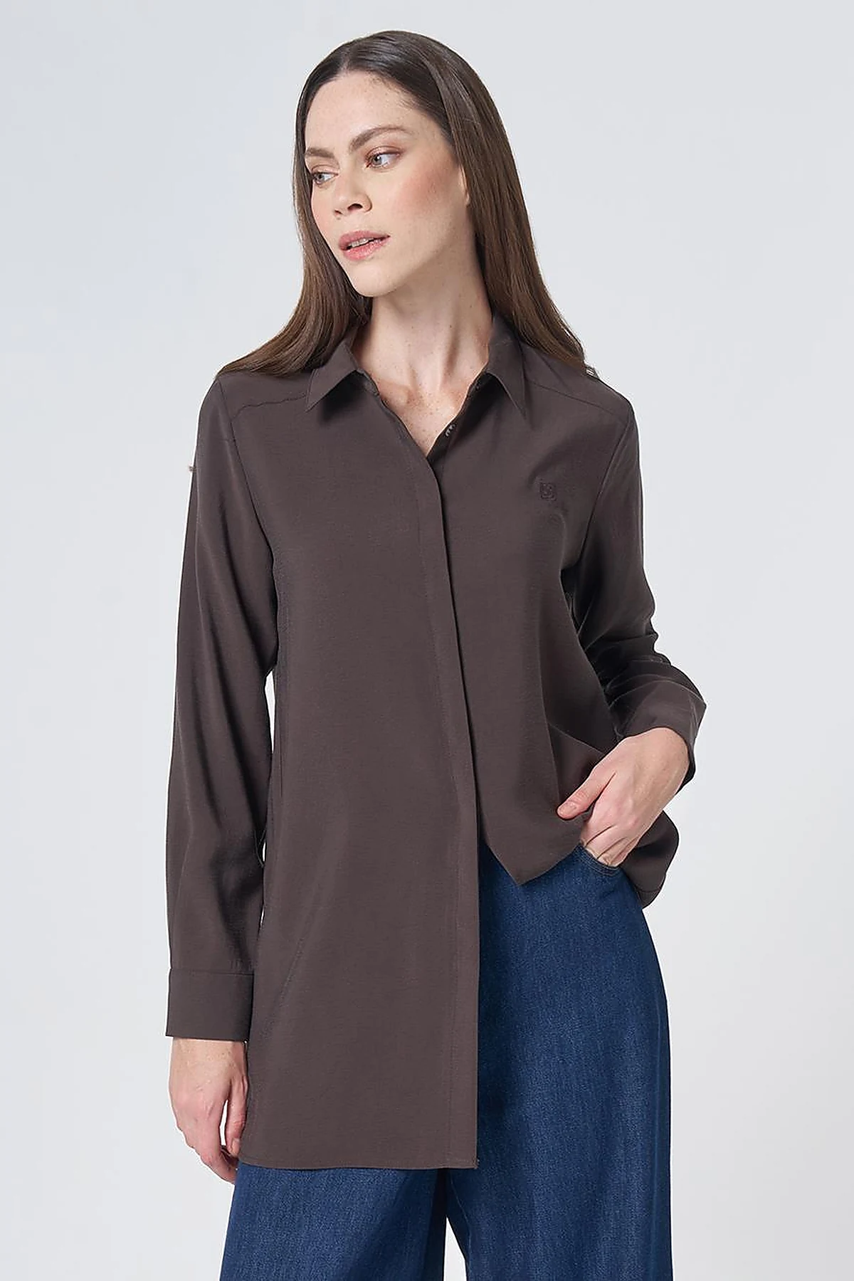 Shirt Collar Basic Modal Tunic – Brown