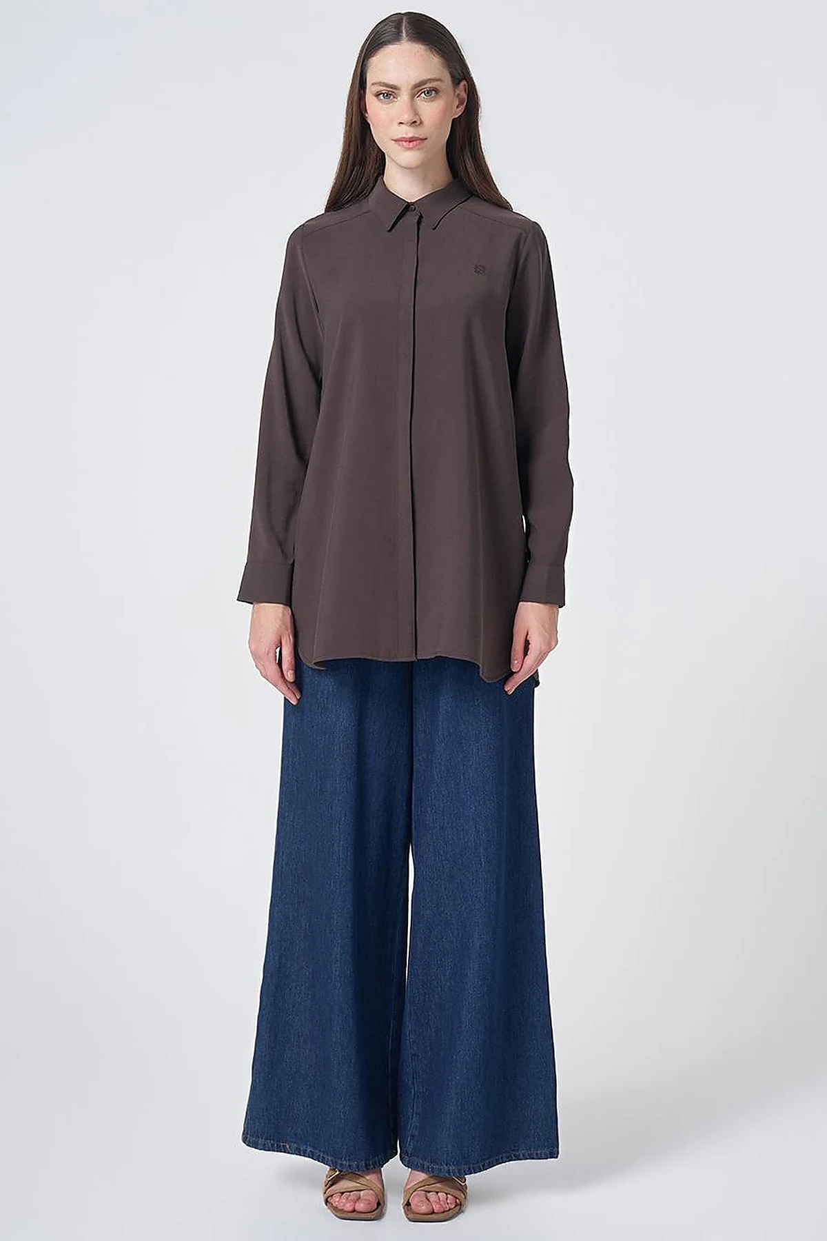 Shirt Collar Basic Modal Tunic – Brown