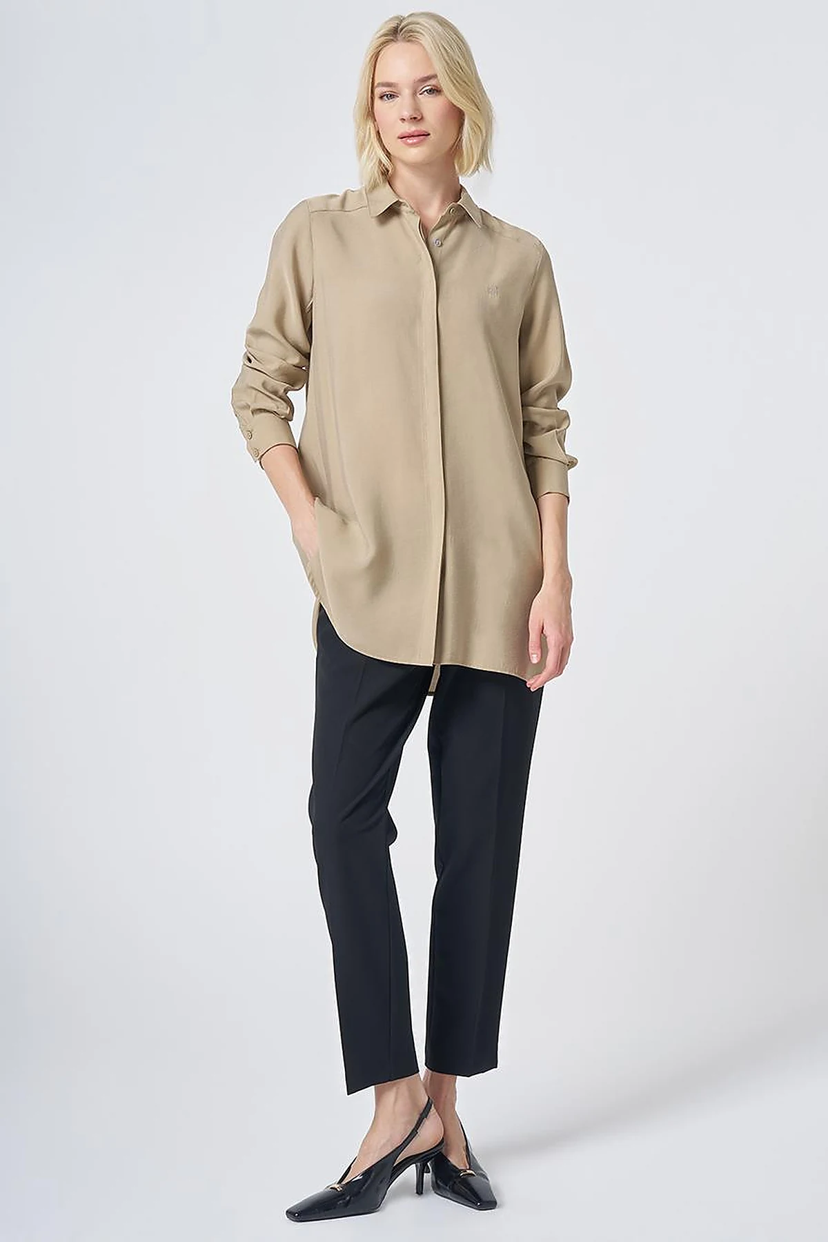 Shirt Collar Basic Modal Tunic – Sand Beige