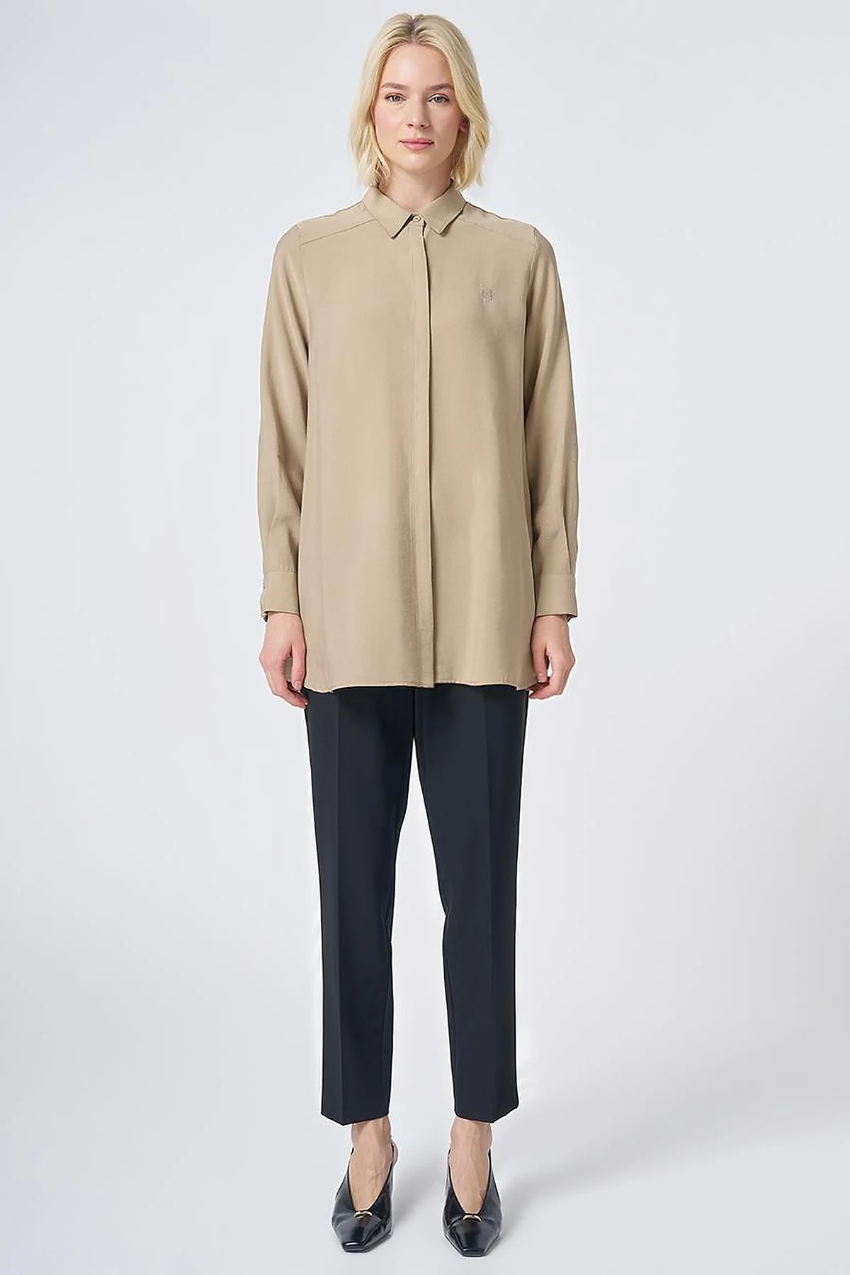 Shirt Collar Basic Modal Tunic – Sand Beige
