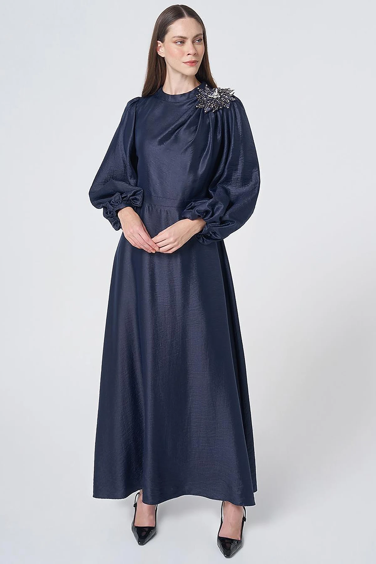 Embroidered Detail Satin Dress Dark Navy