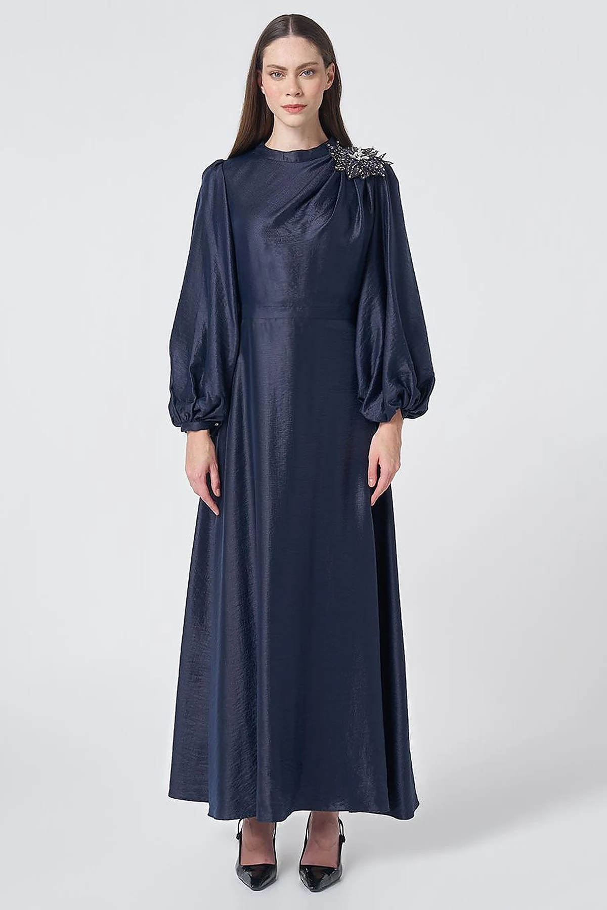 Embroidered Detail Satin Dress Dark Navy