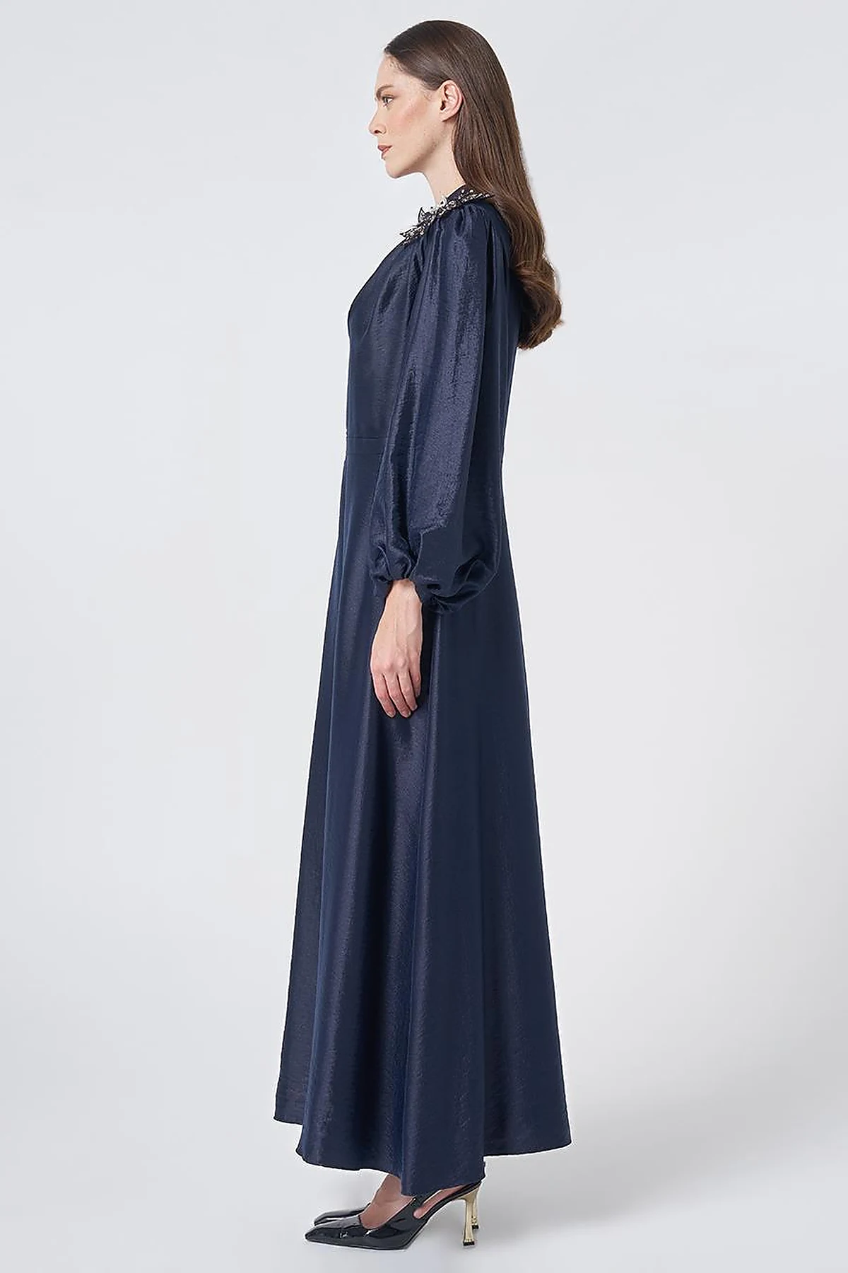 Embroidered Detail Satin Dress Dark Navy