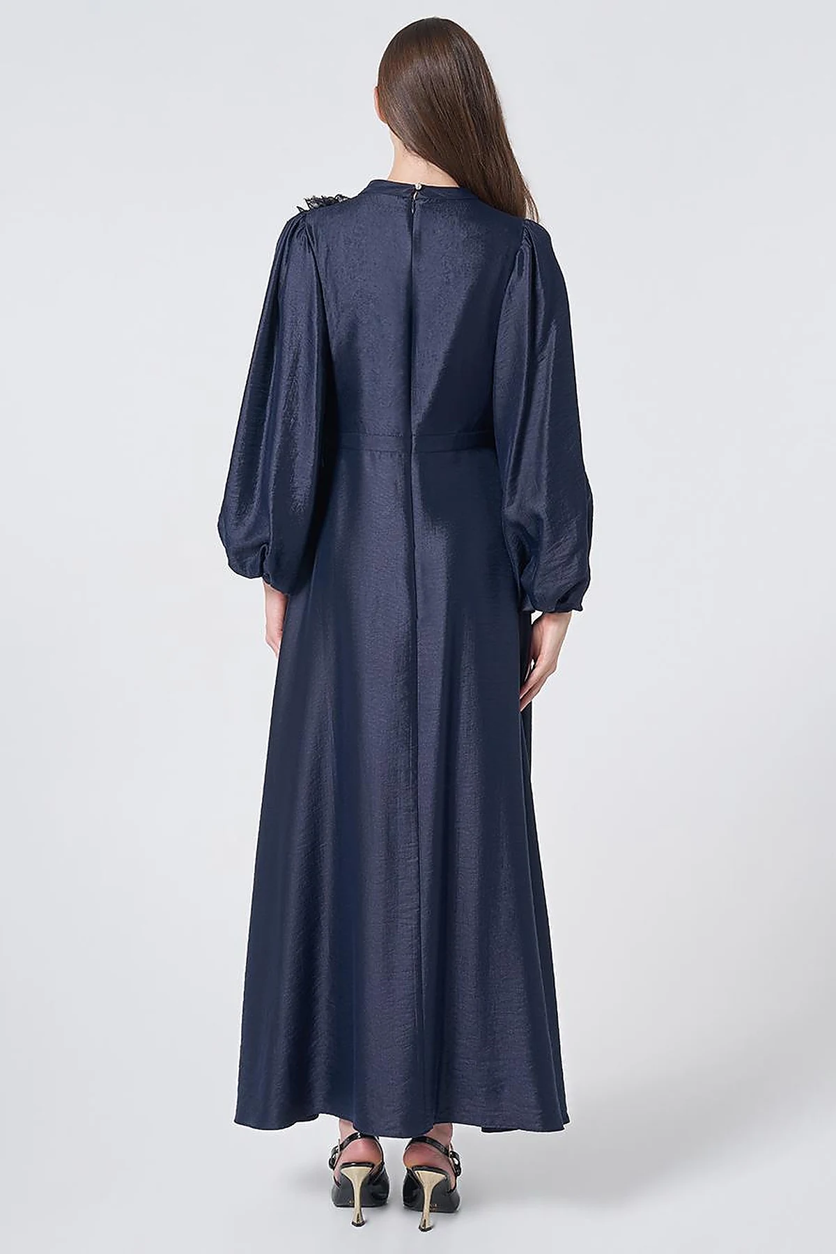 Embroidered Detail Satin Dress Dark Navy