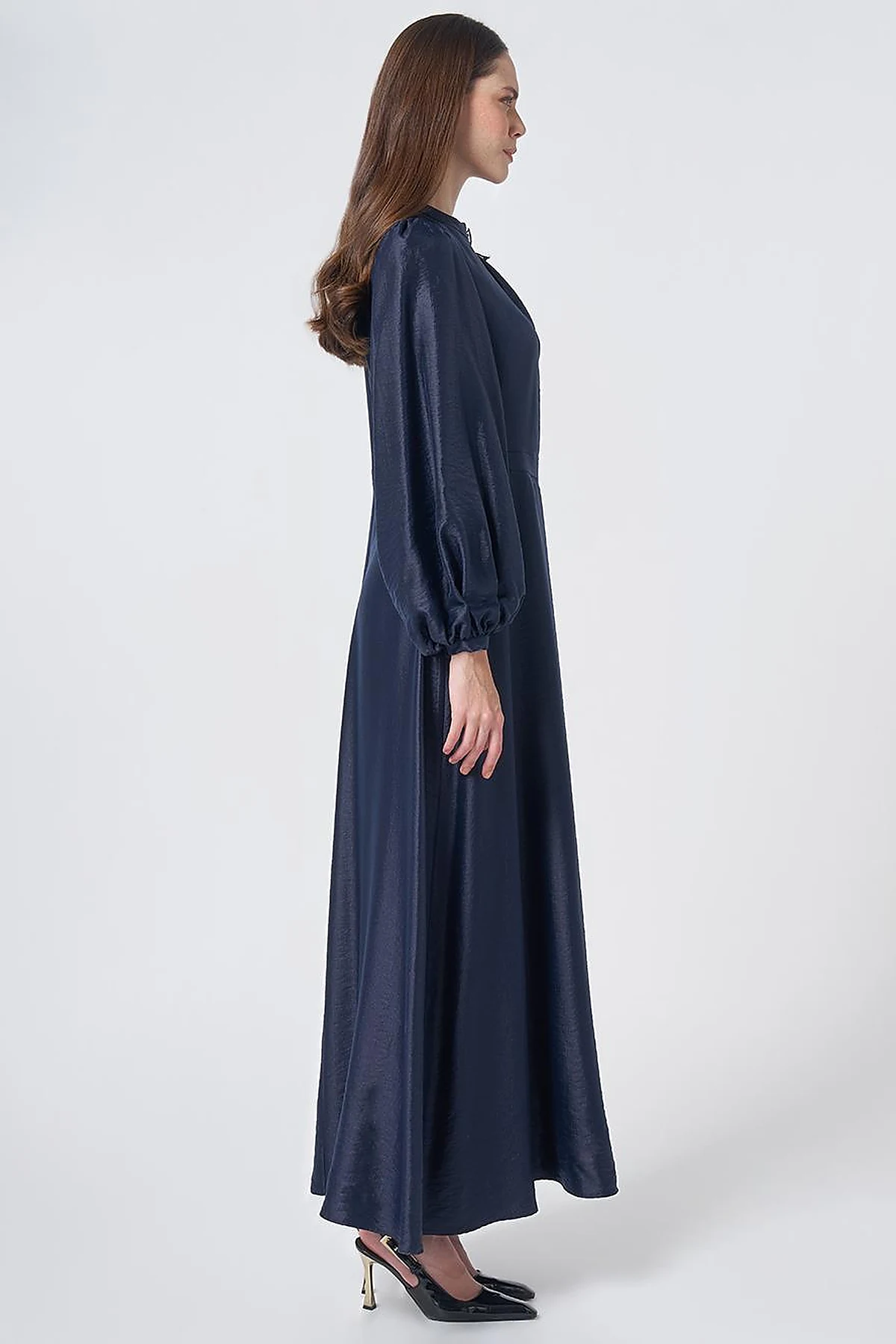 Embroidered Detail Satin Dress Dark Navy