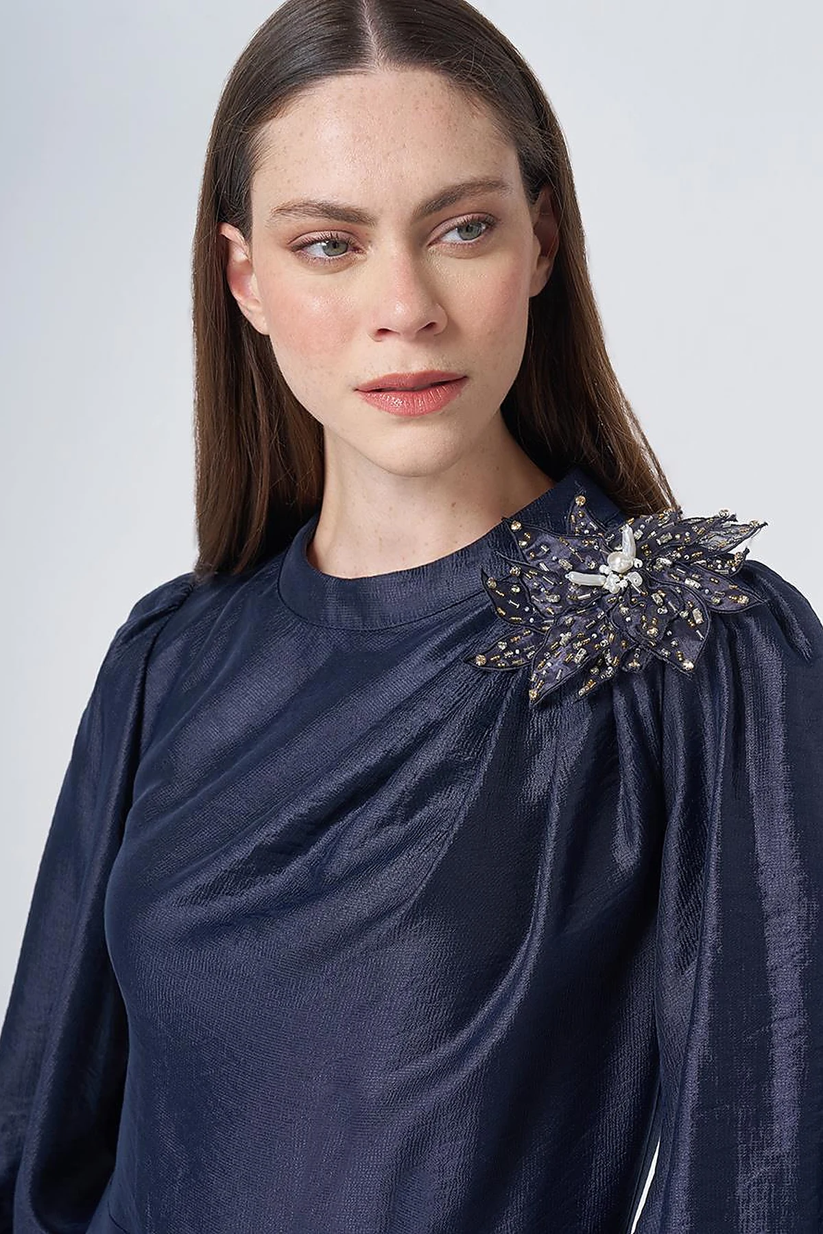Embroidered Detail Satin Dress Dark Navy