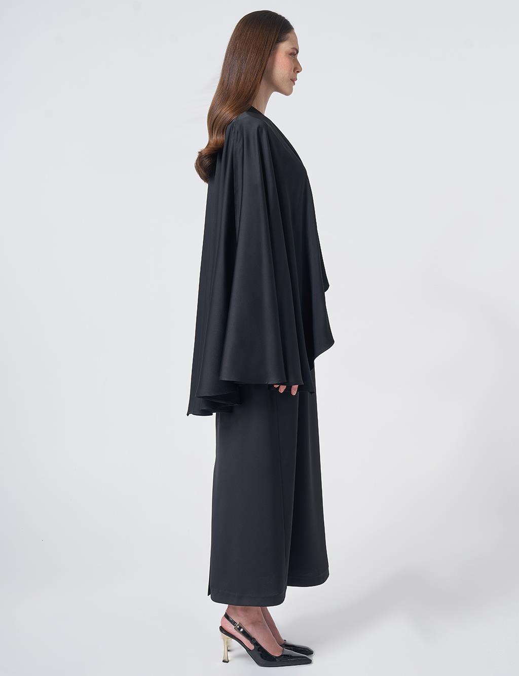 Cape Detailed Satin Dress – Black