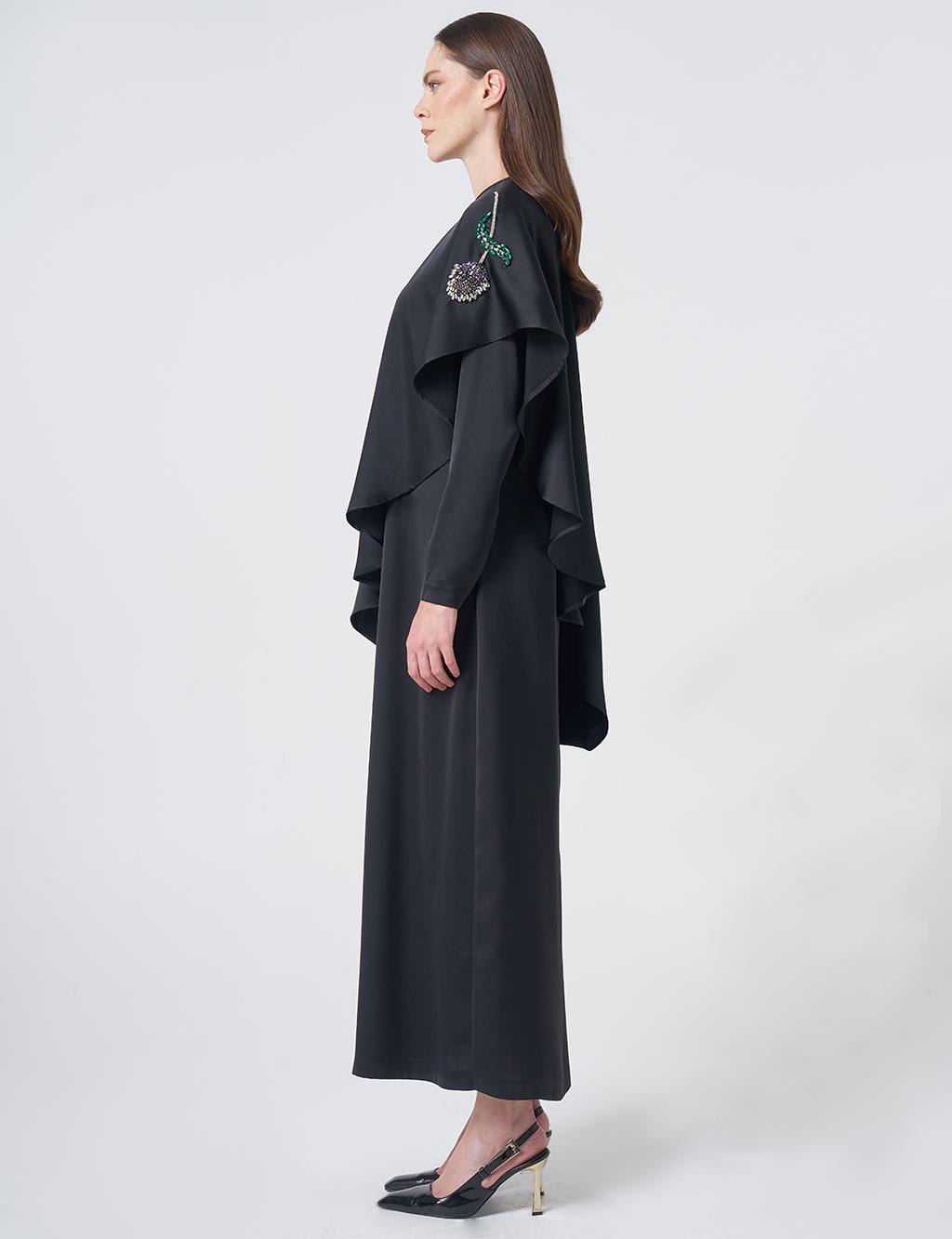 Cape Detailed Satin Dress – Black