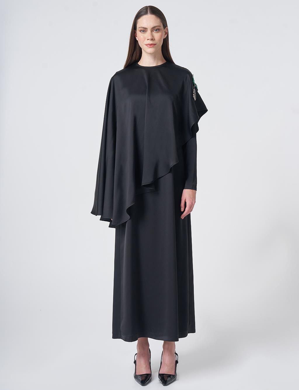 Cape Detailed Satin Dress – Black