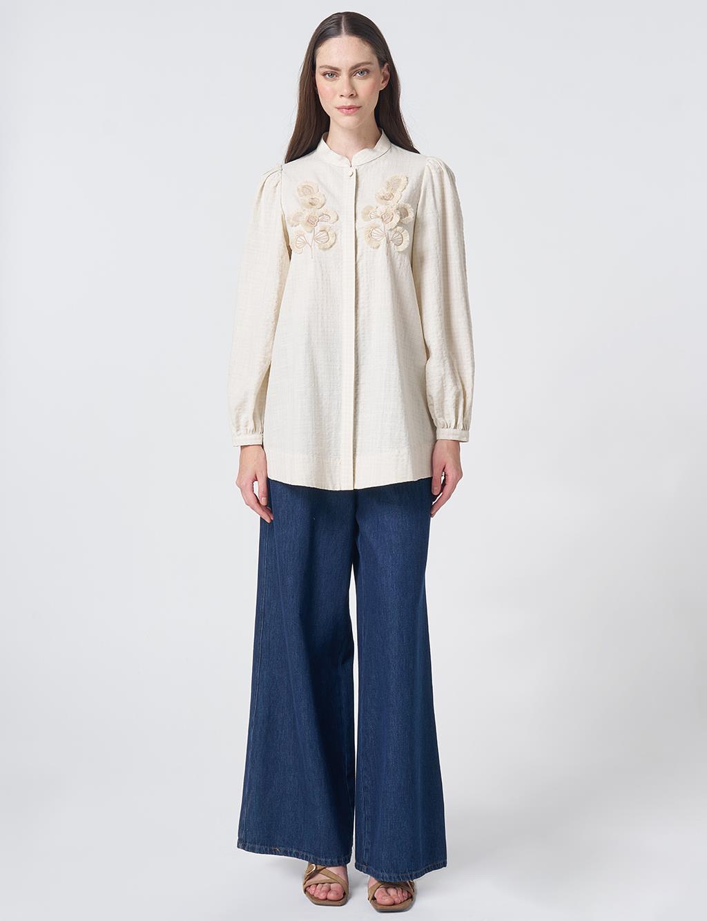Embroidered Appliqué Crinkled Blouse – Cream