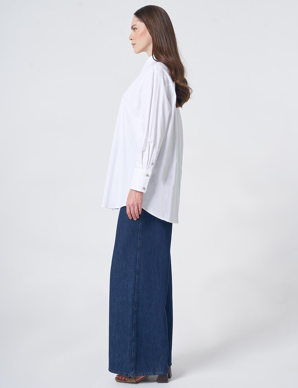 Embroidered Appliqué Cotton Tunic with Wide Cuffs – Optic White