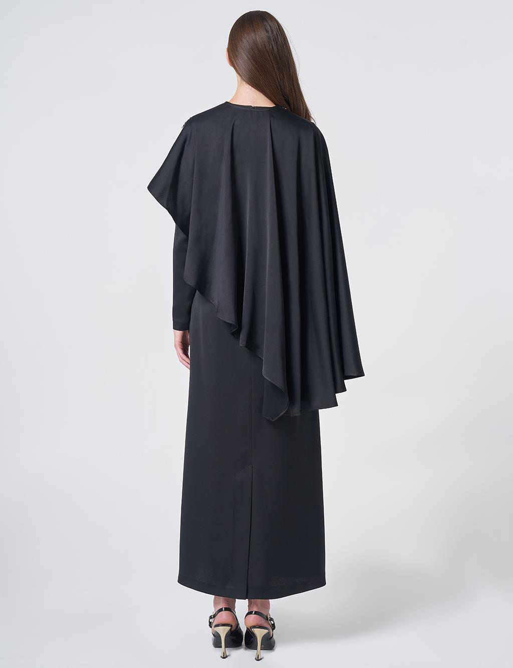 Cape Detailed Satin Dress – Black