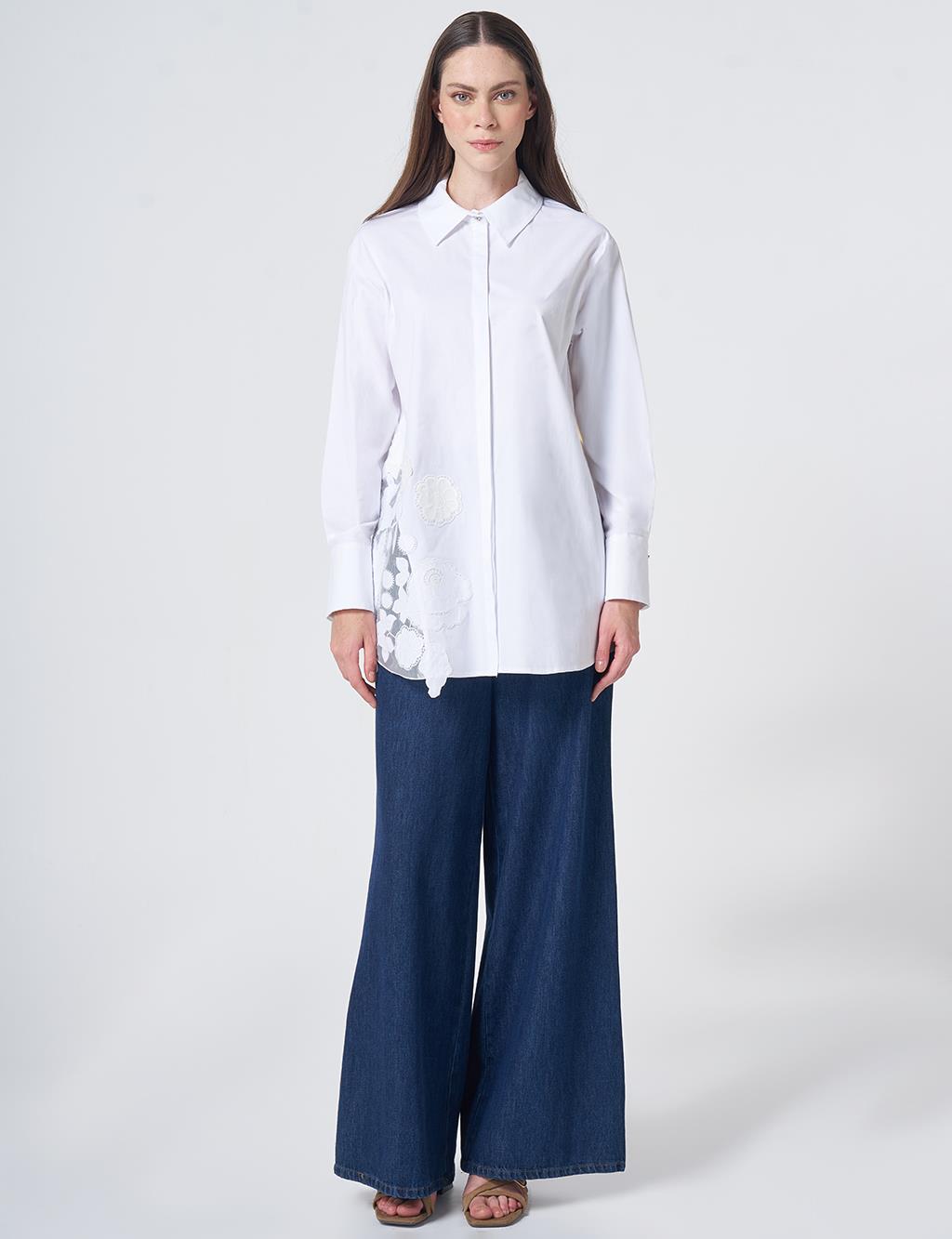 Embroidered Appliqué Cotton Tunic with Wide Cuffs – Optic White