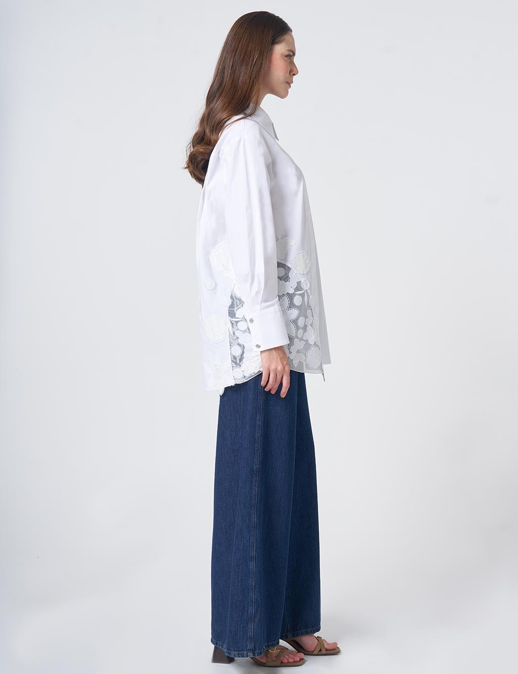Embroidered Appliqué Cotton Tunic with Wide Cuffs – Optic White