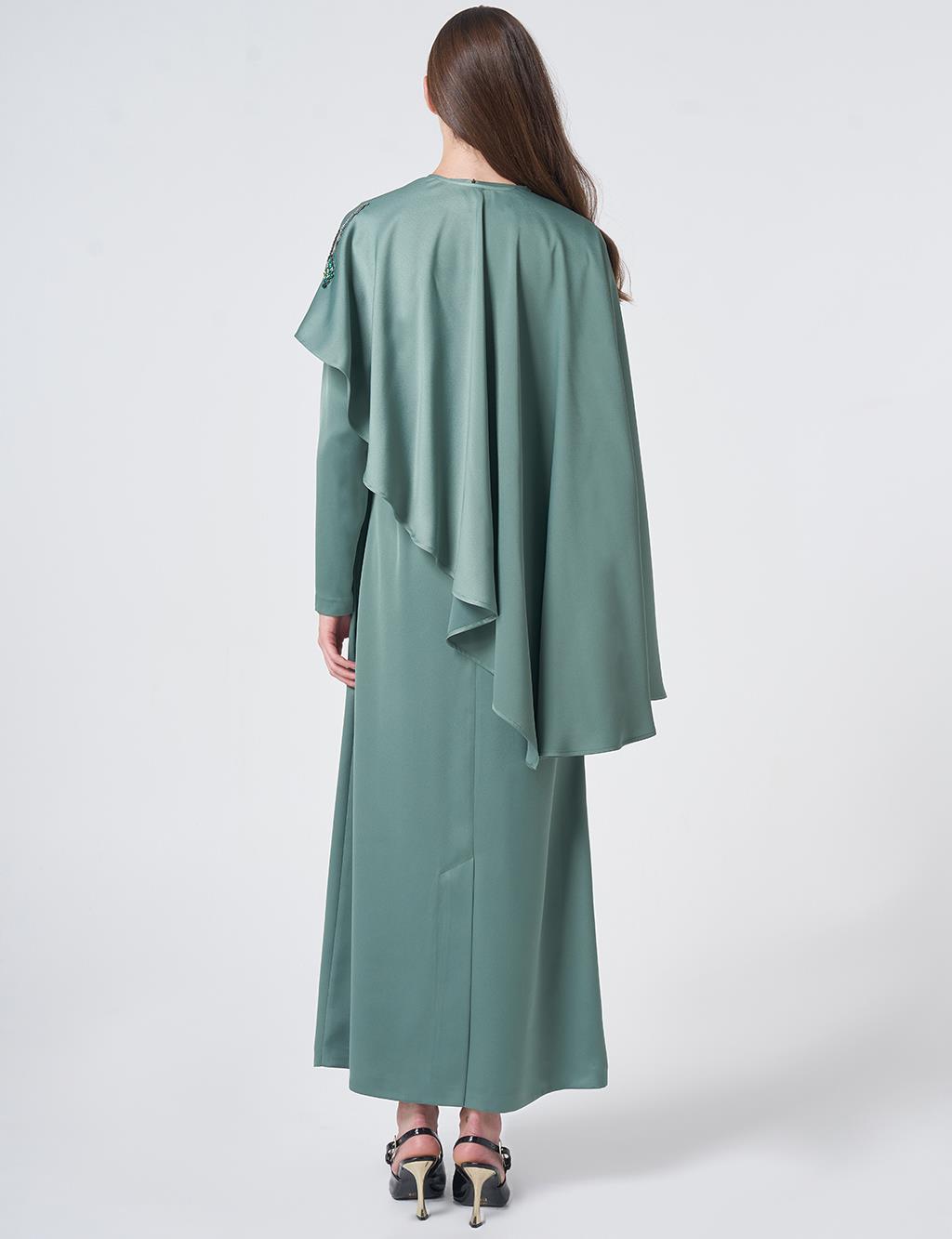 Cape Detailed Satin Dress – Moss Green