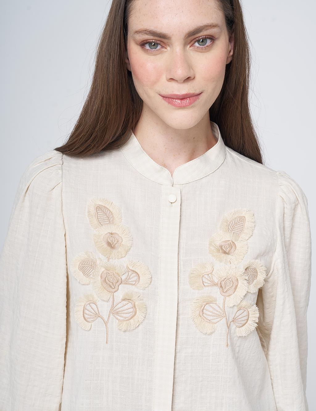 Embroidered Appliqué Crinkled Blouse – Cream