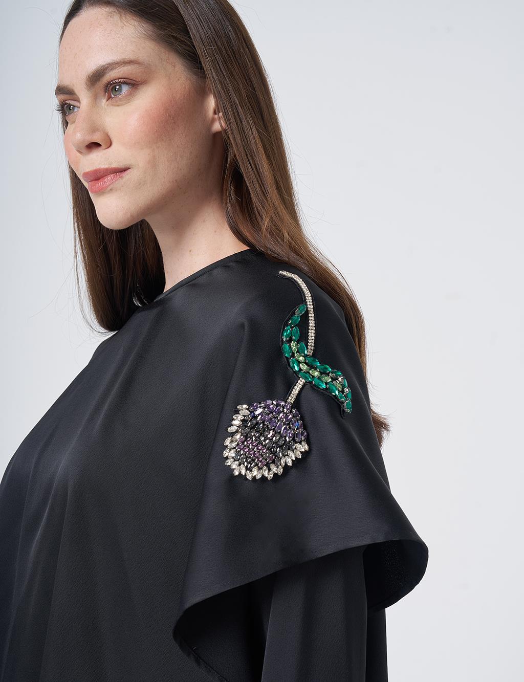 Cape Detailed Satin Dress – Black