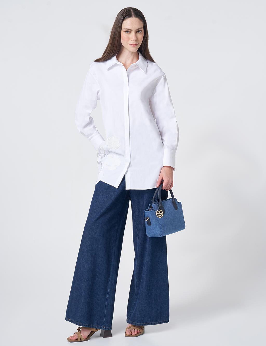 Embroidered Appliqué Cotton Tunic with Wide Cuffs – Optic White