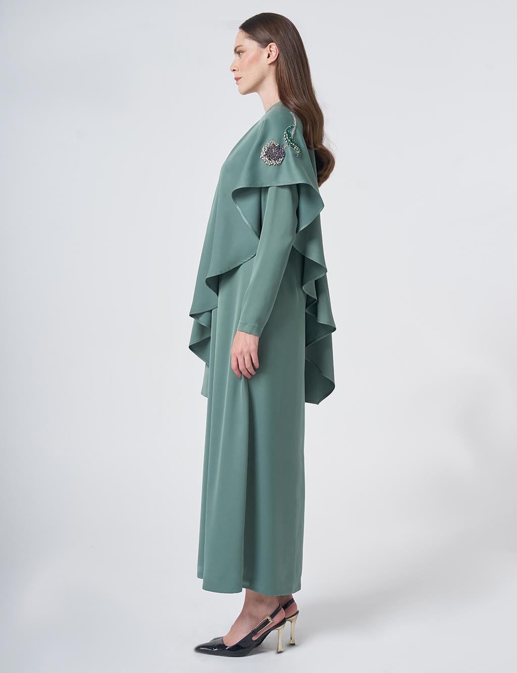 Cape Detailed Satin Dress – Moss Green