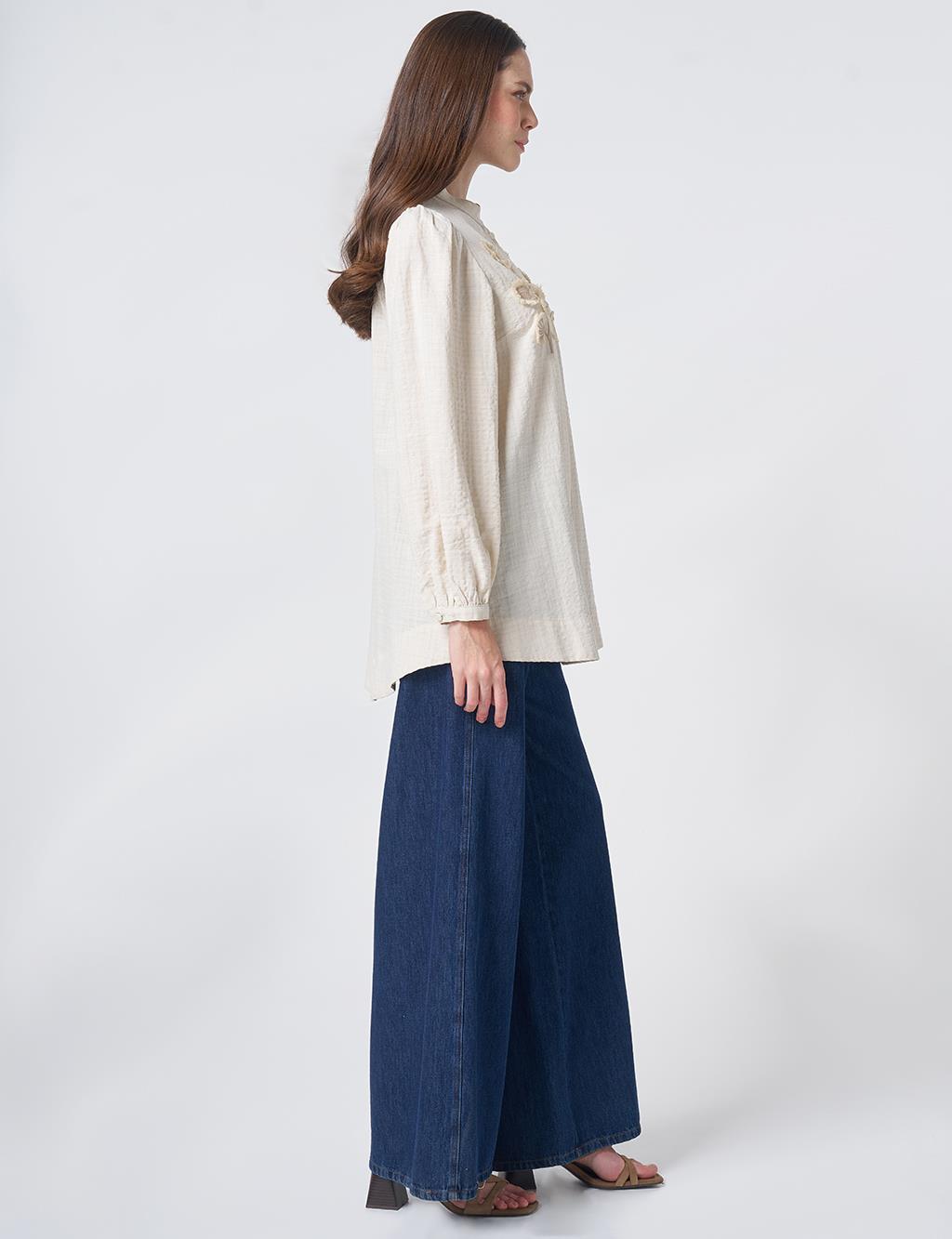 Embroidered Appliqué Crinkled Blouse – Cream
