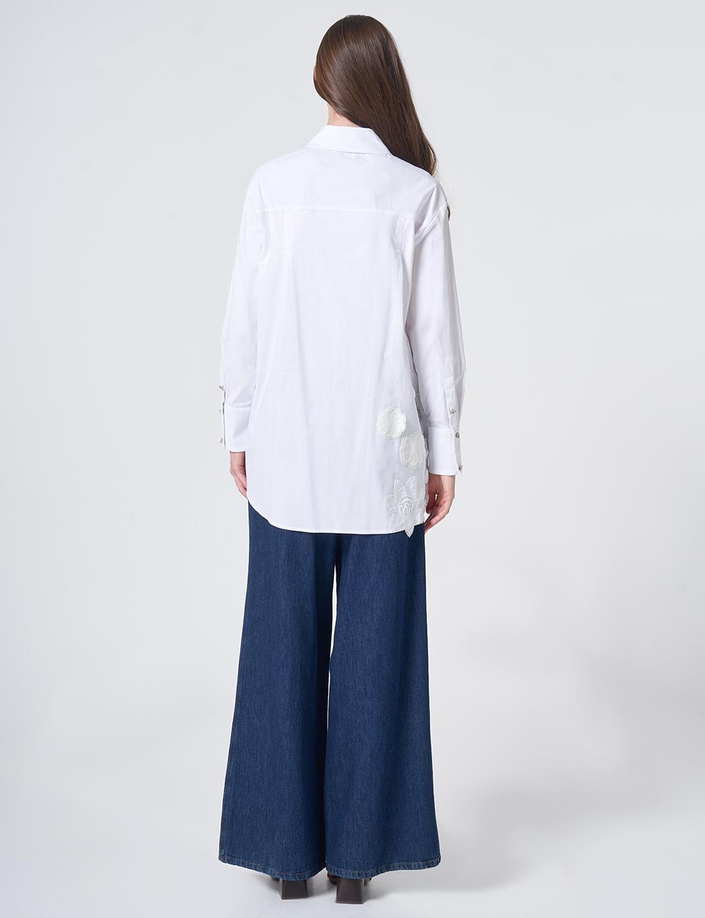 Embroidered Appliqué Cotton Tunic with Wide Cuffs – Optic White