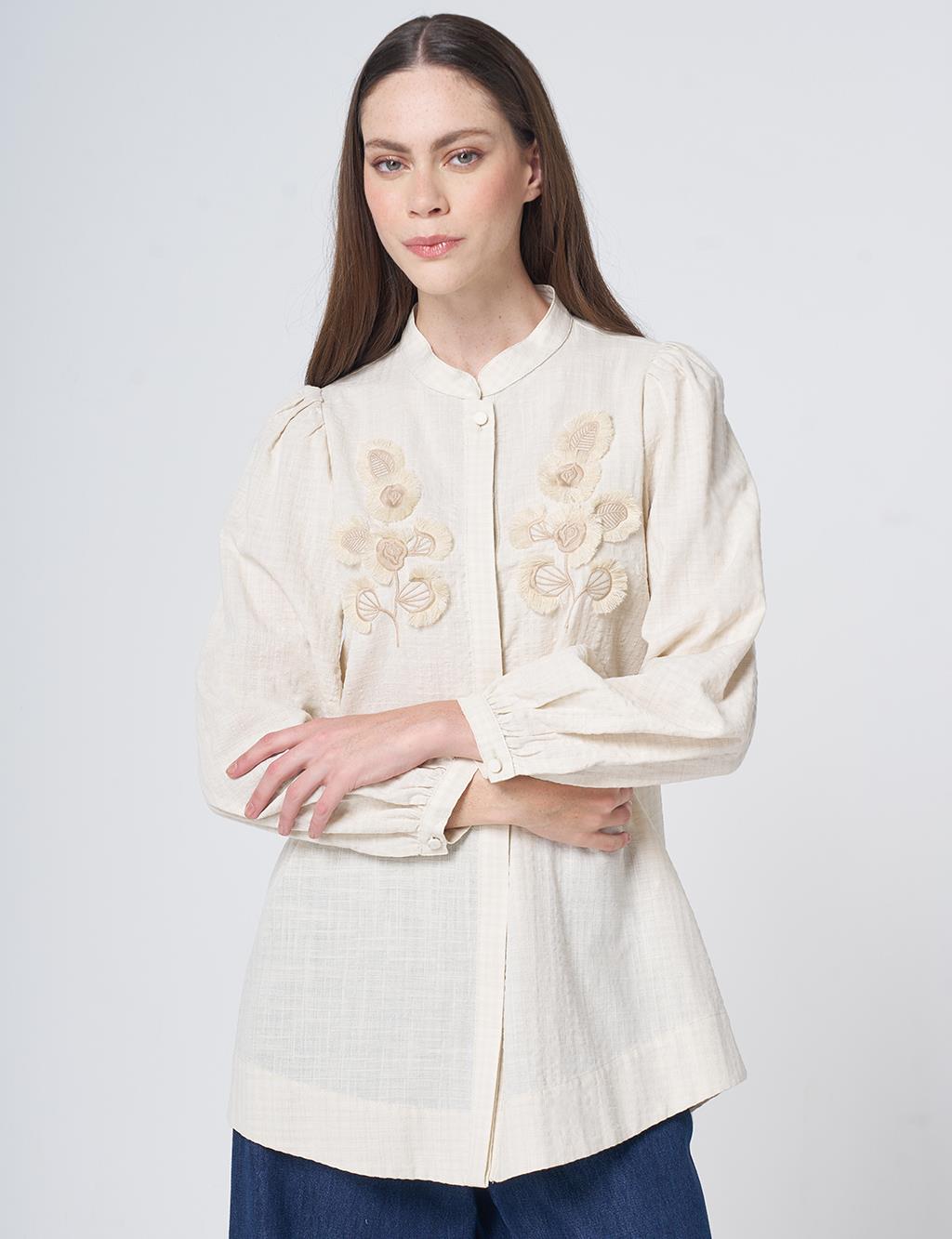 Embroidered Appliqué Crinkled Blouse – Cream