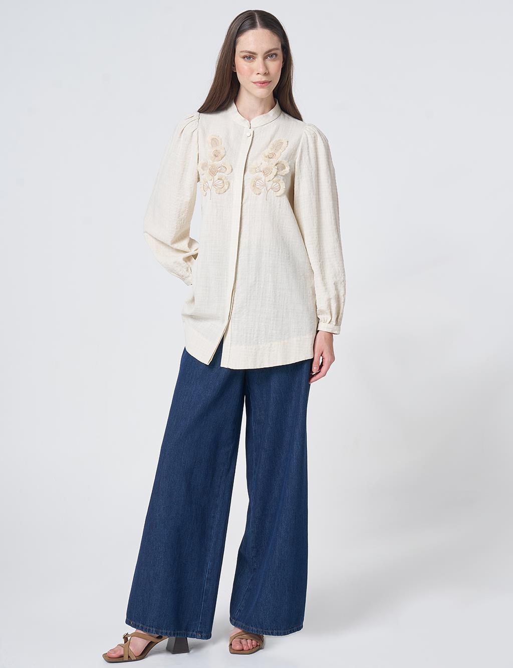 Embroidered Appliqué Crinkled Blouse – Cream
