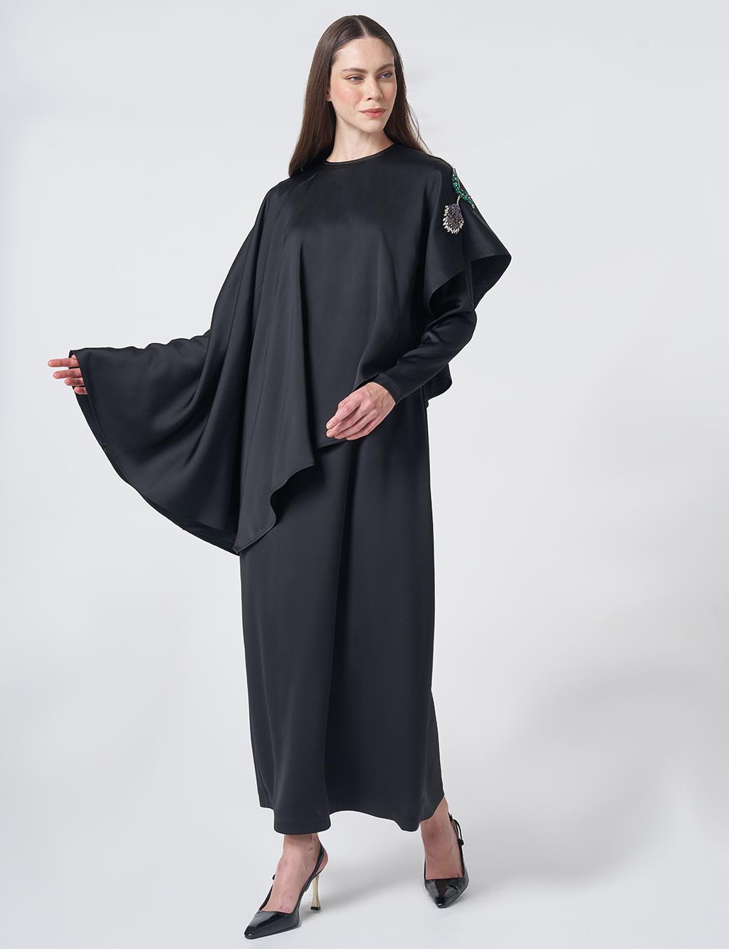 Cape Detailed Satin Dress – Black