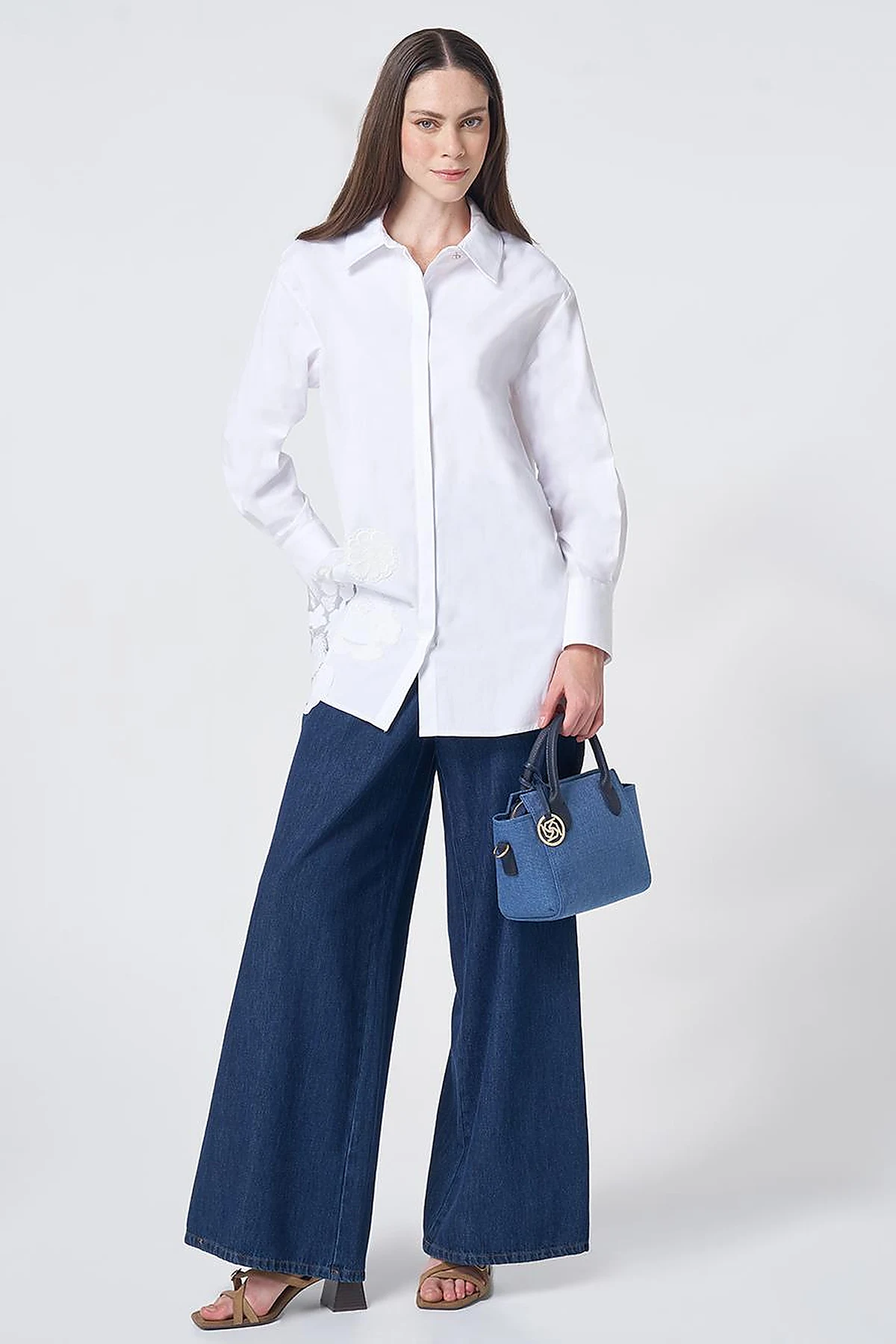 Embroidered Appliqué Cotton Tunic with Wide Cuffs – Optic White