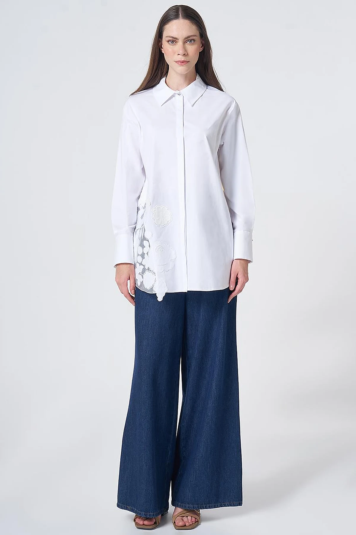 Embroidered Appliqué Cotton Tunic with Wide Cuffs – Optic White