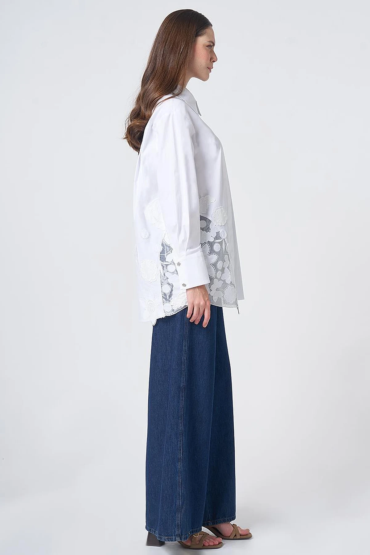Embroidered Appliqué Cotton Tunic with Wide Cuffs – Optic White
