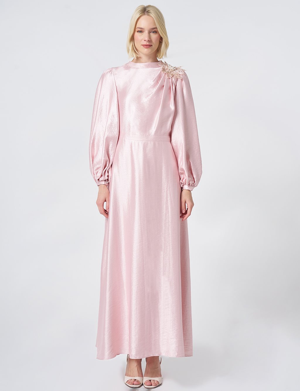 Embroidered Detail Satin Dress Powder Pink