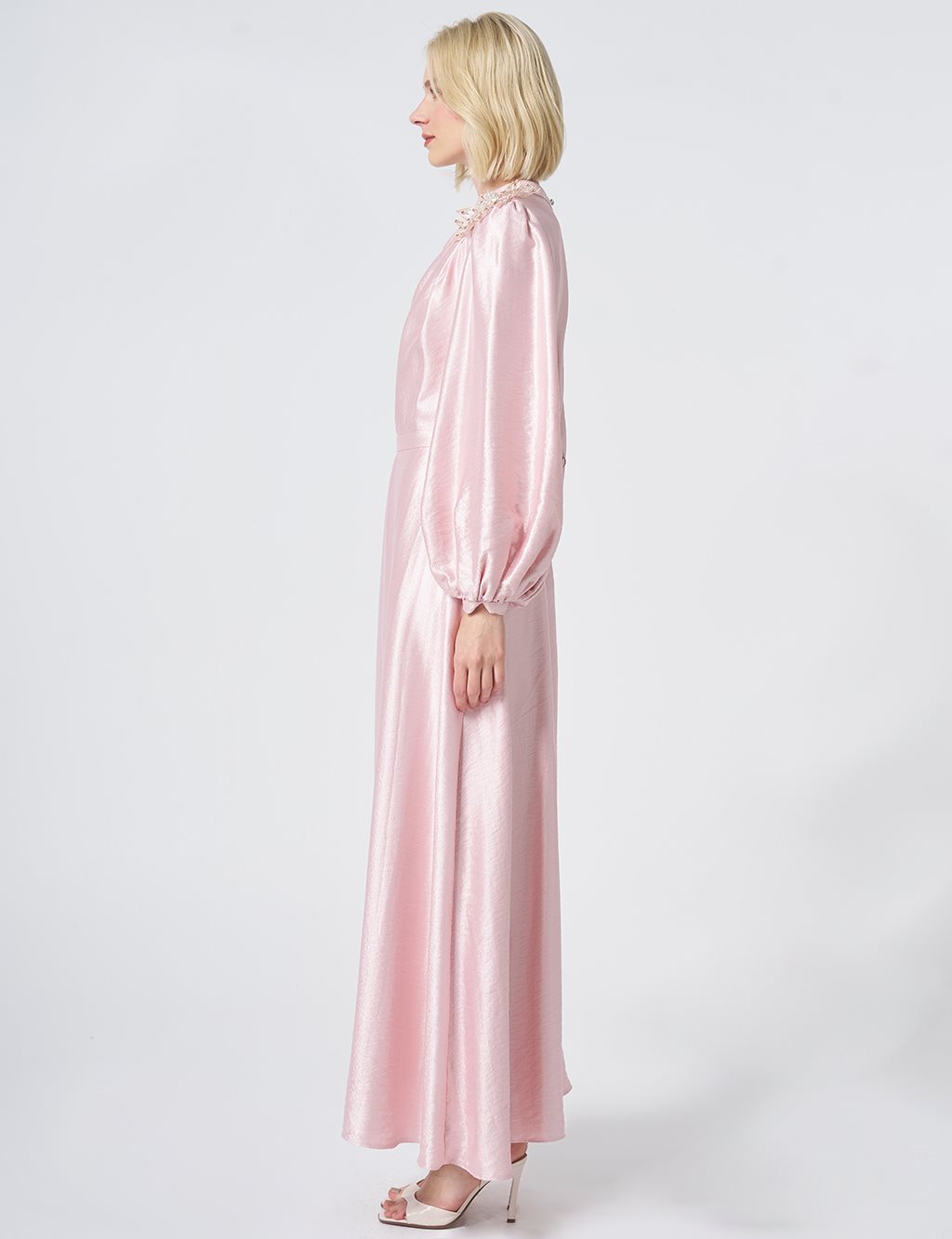 Embroidered Detail Satin Dress Powder Pink