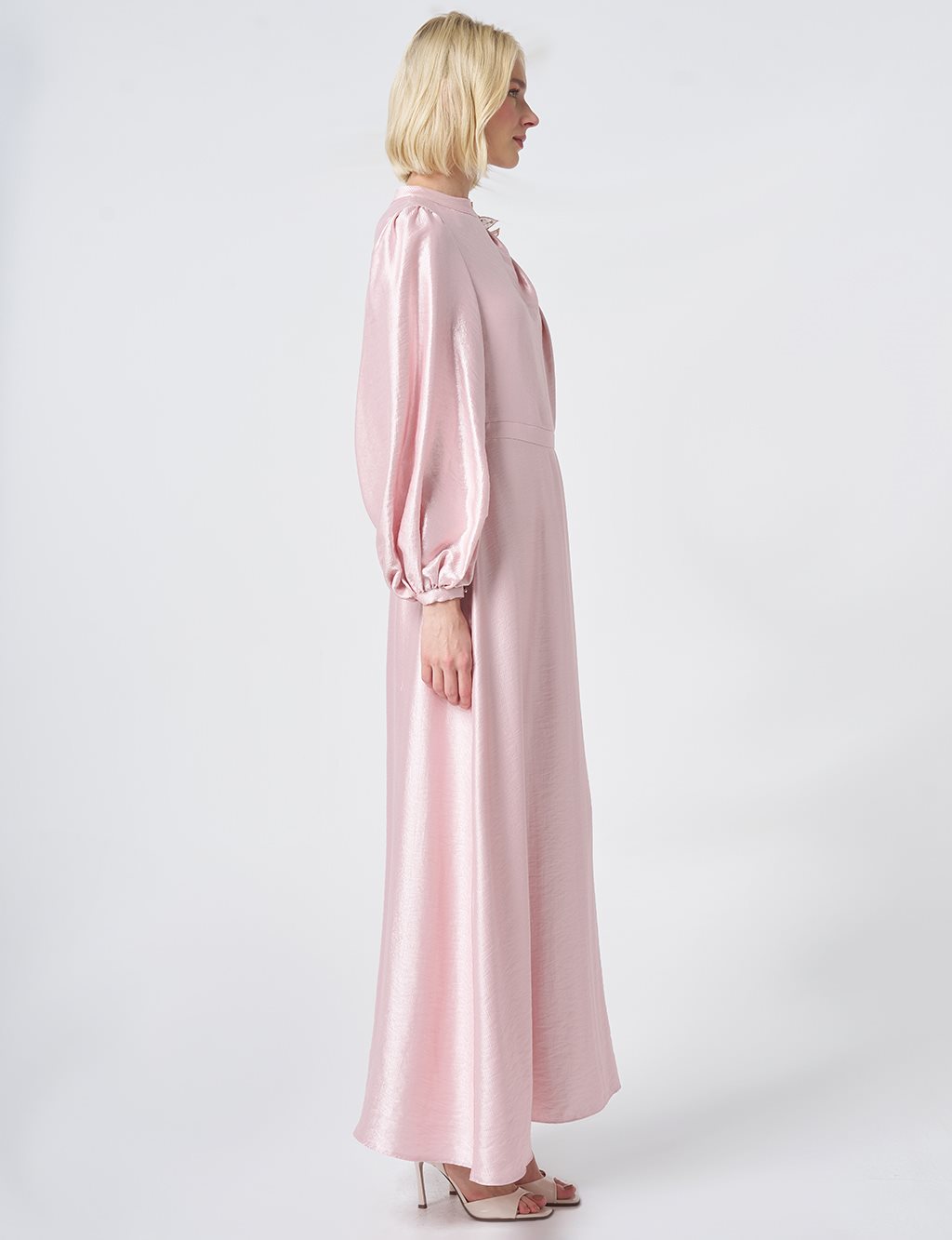 Embroidered Detail Satin Dress Powder Pink