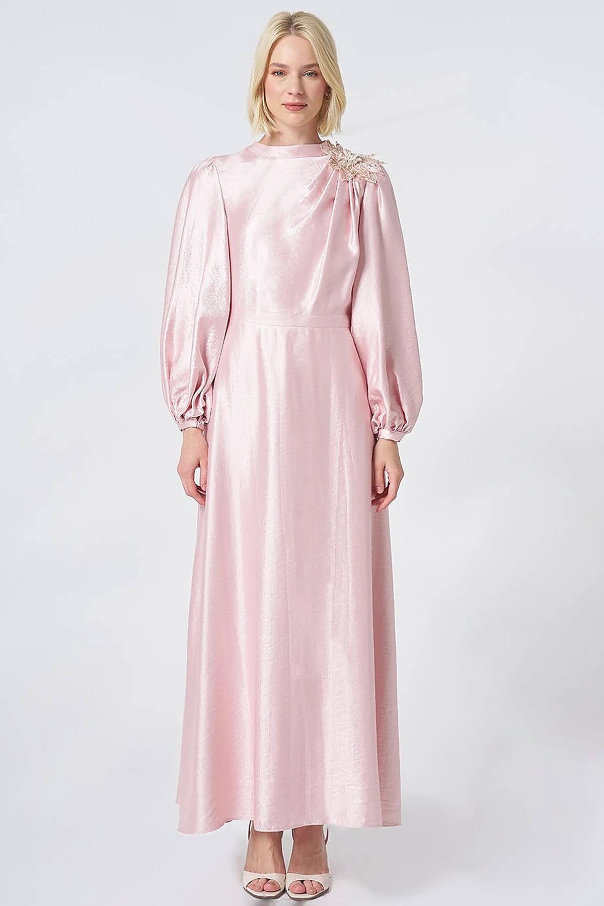 Embroidered Detail Satin Dress Powder Pink