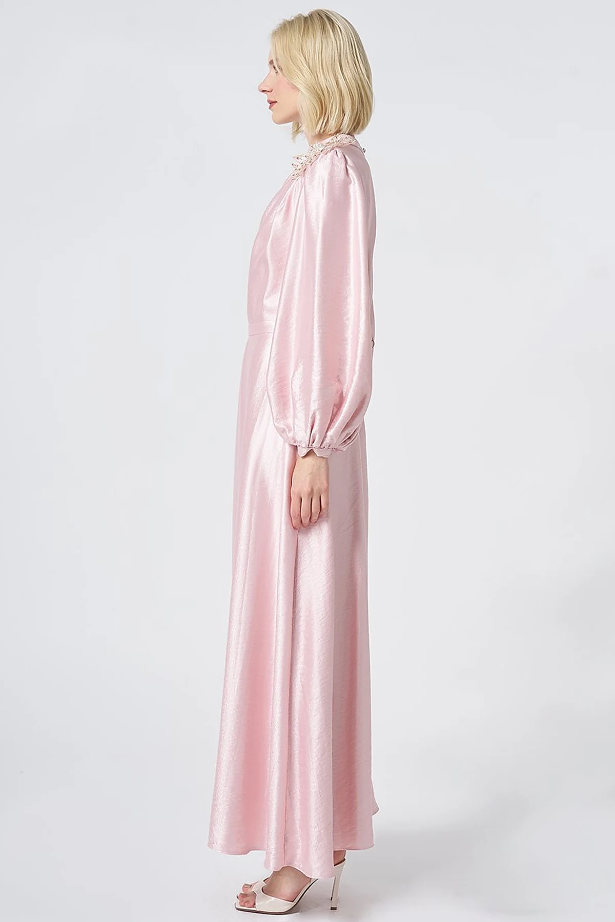 Embroidered Detail Satin Dress Powder Pink