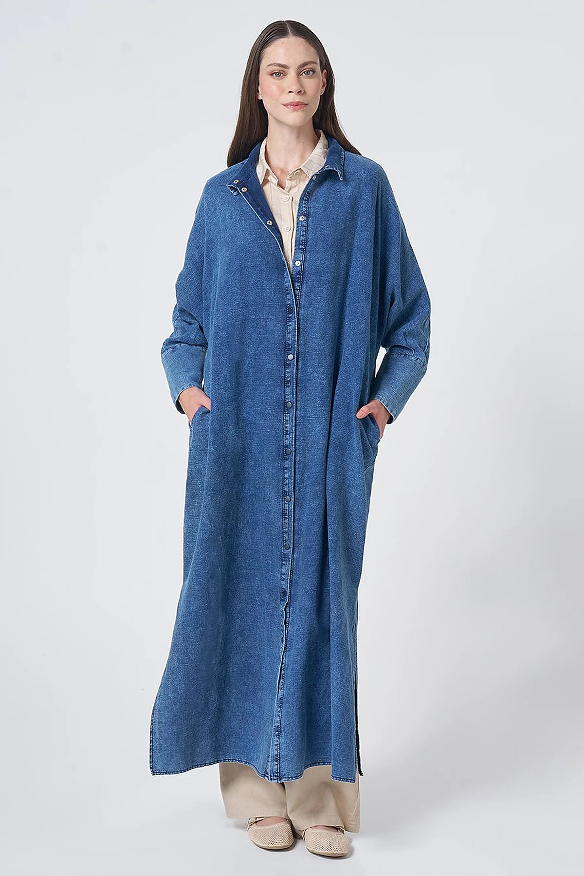 Sporty Stitched Cotton-Linen Throw-On – Indigo