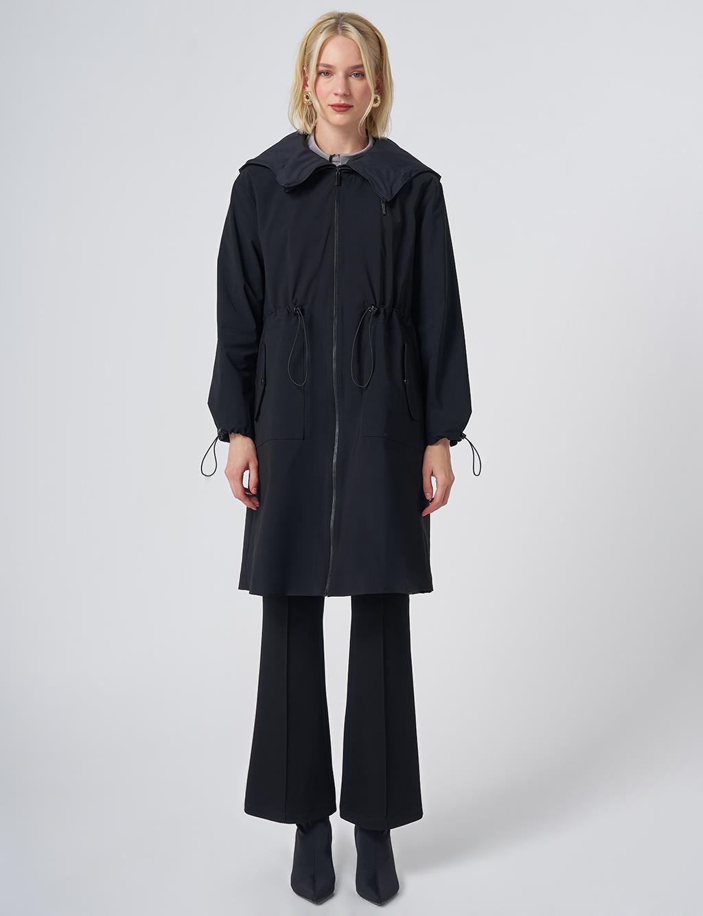 Wide Collar Belted Drawstring Trench Coat – Black