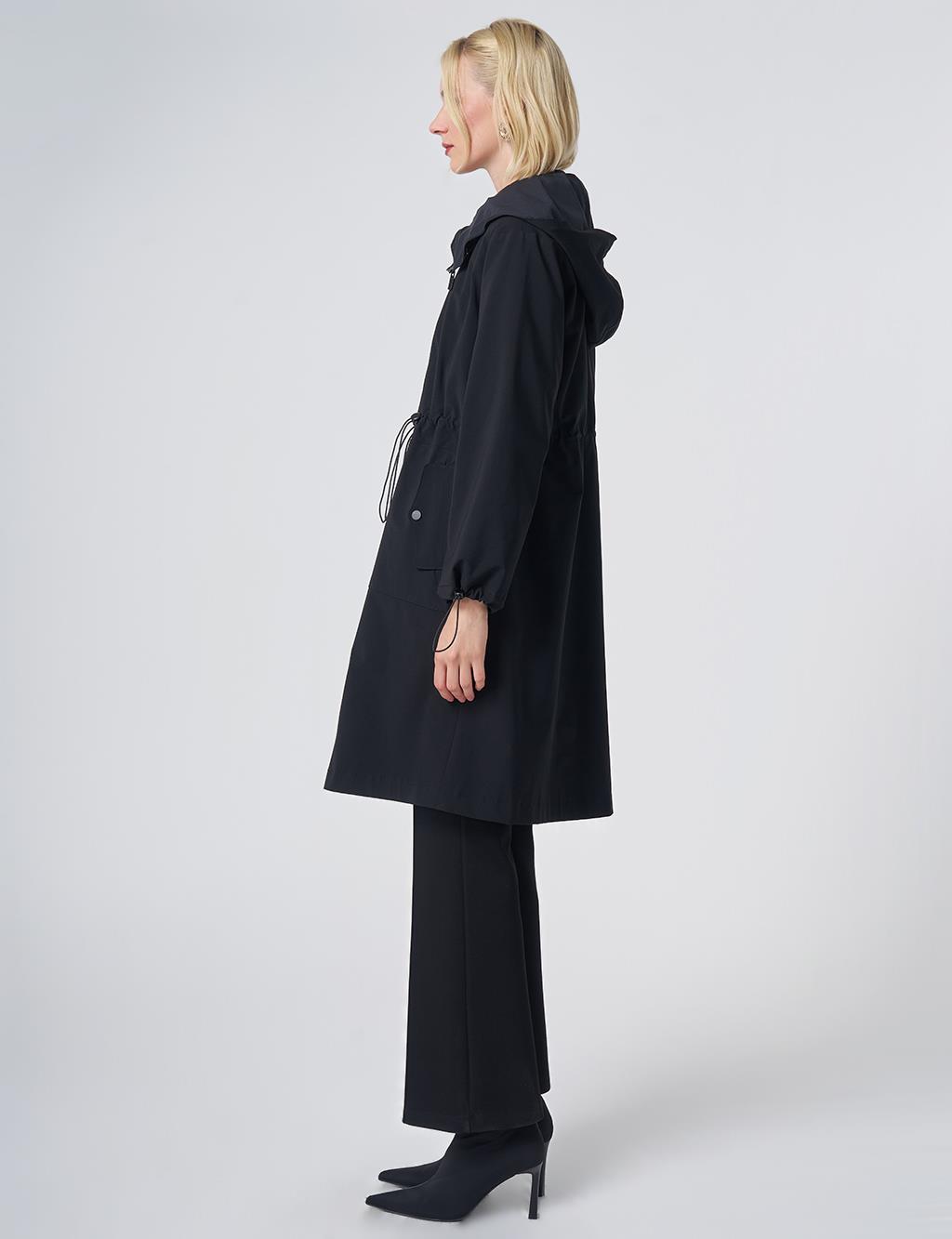 Wide Collar Belted Drawstring Trench Coat – Black