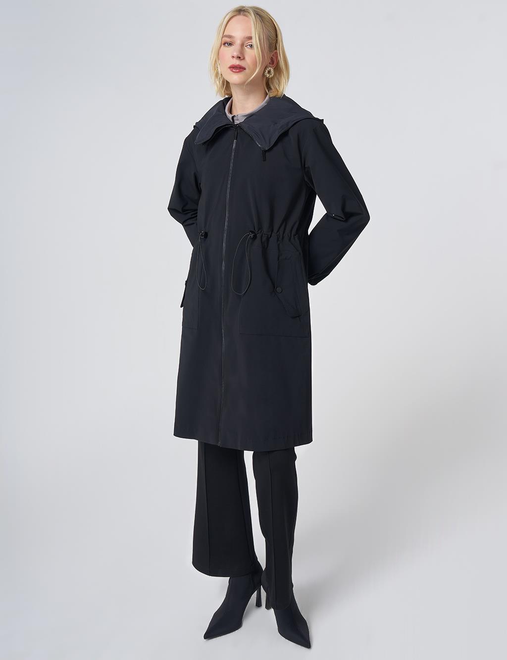 Wide Collar Belted Drawstring Trench Coat – Black