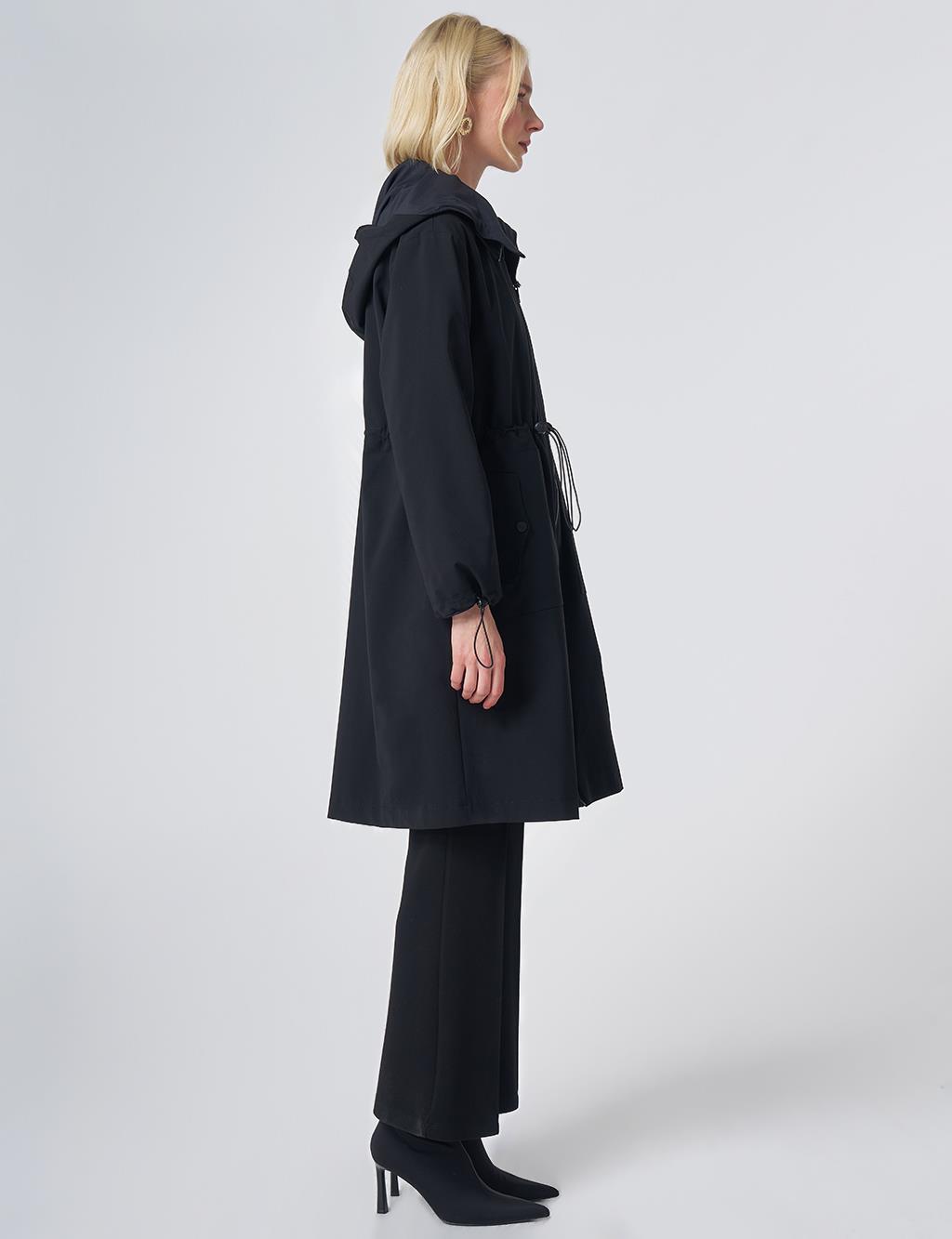 Wide Collar Belted Drawstring Trench Coat – Black