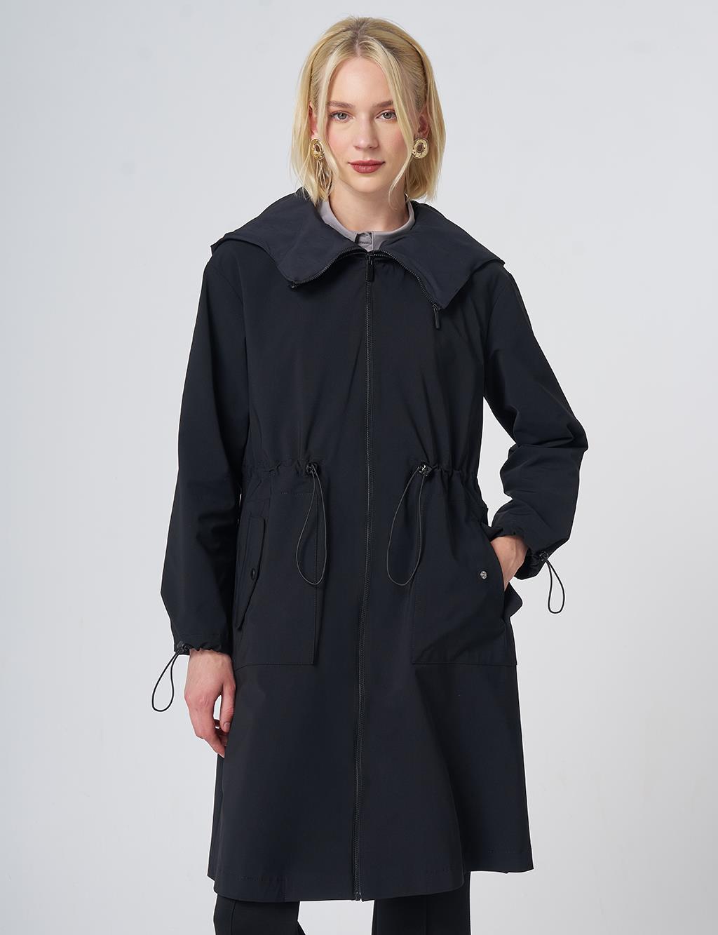 Wide Collar Belted Drawstring Trench Coat – Black