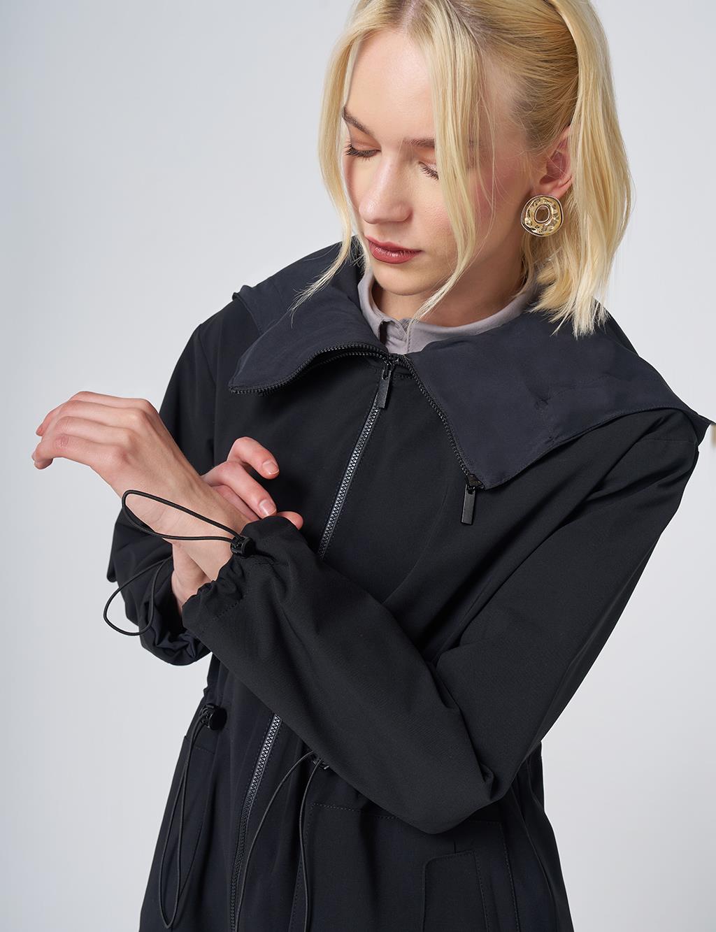 Wide Collar Belted Drawstring Trench Coat – Black