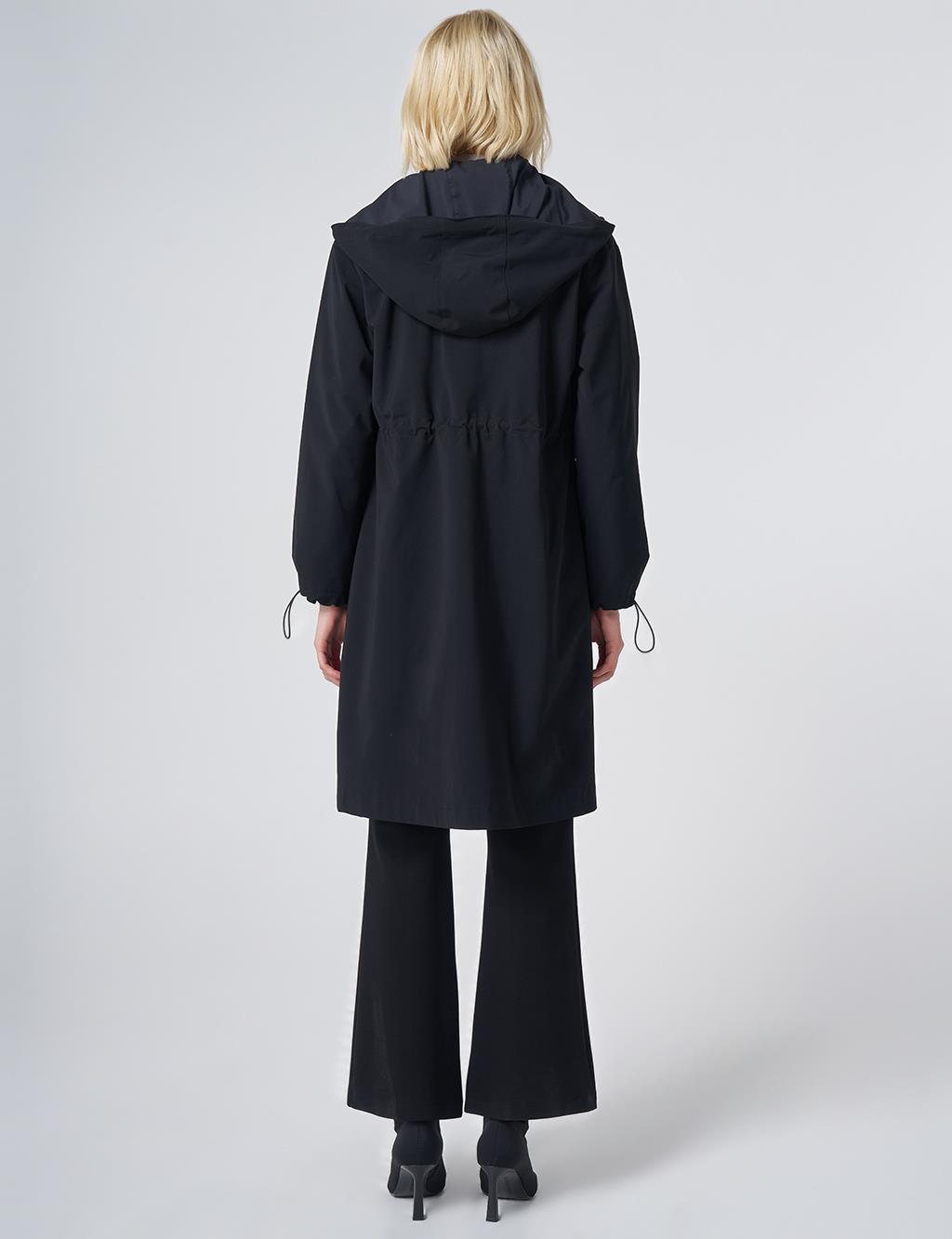 Wide Collar Belted Drawstring Trench Coat – Black