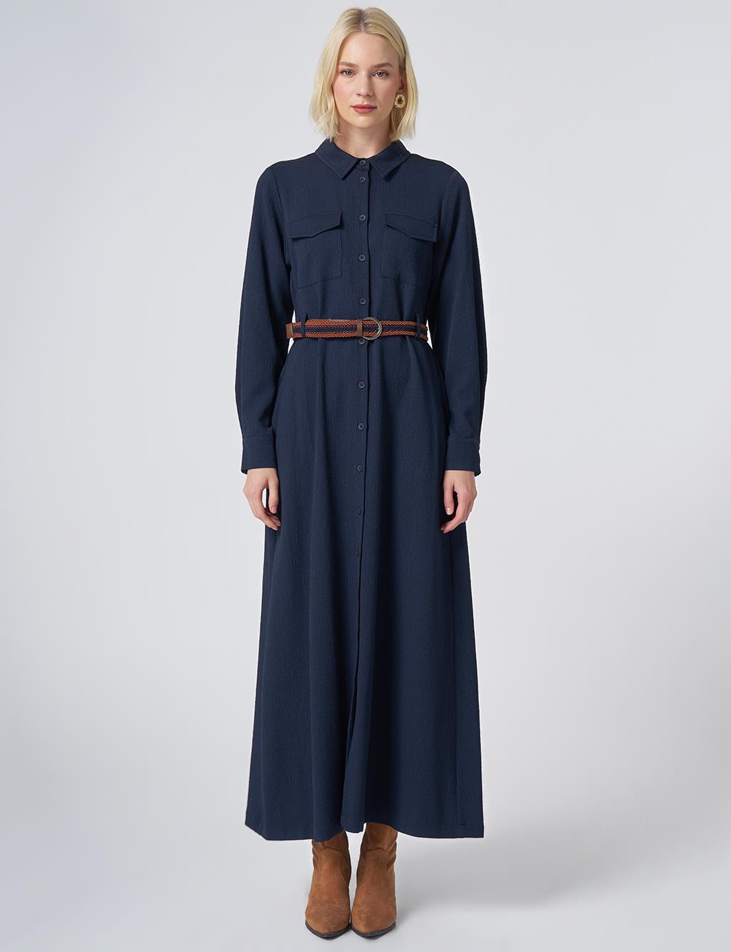 Maxi Dress with Woven Belt Detail – Dark Navy