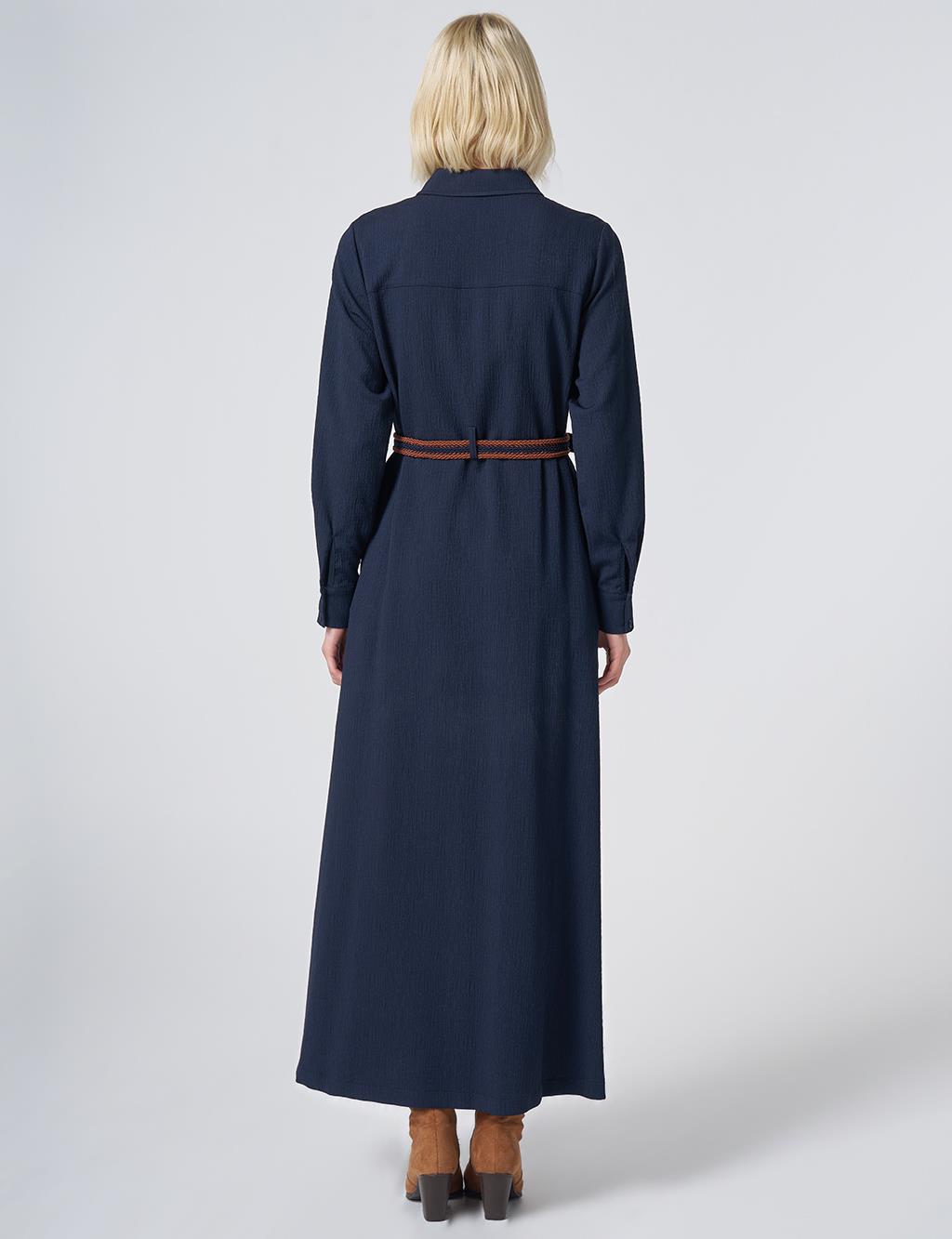 Maxi Dress with Woven Belt Detail – Dark Navy