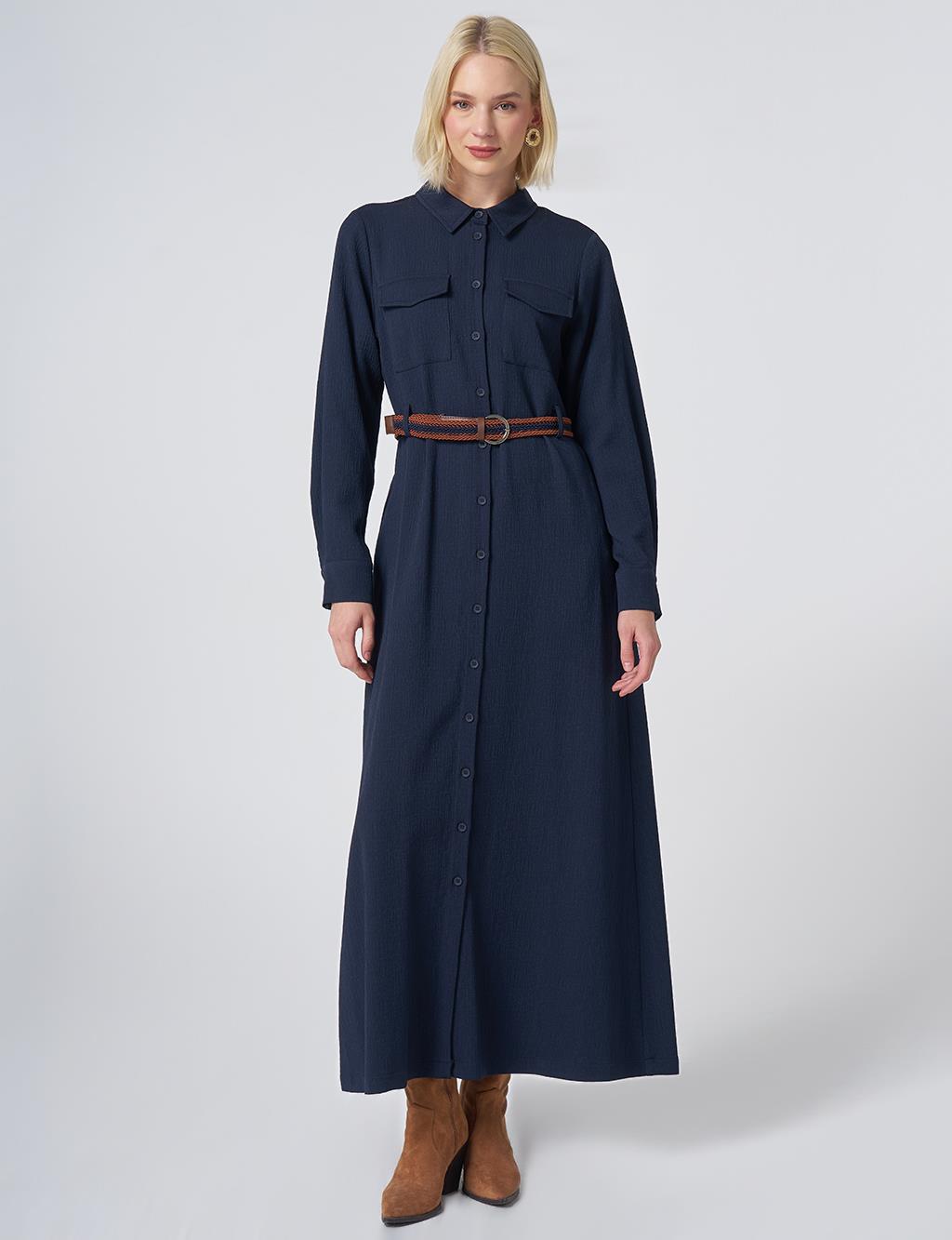 Maxi Dress with Woven Belt Detail – Dark Navy