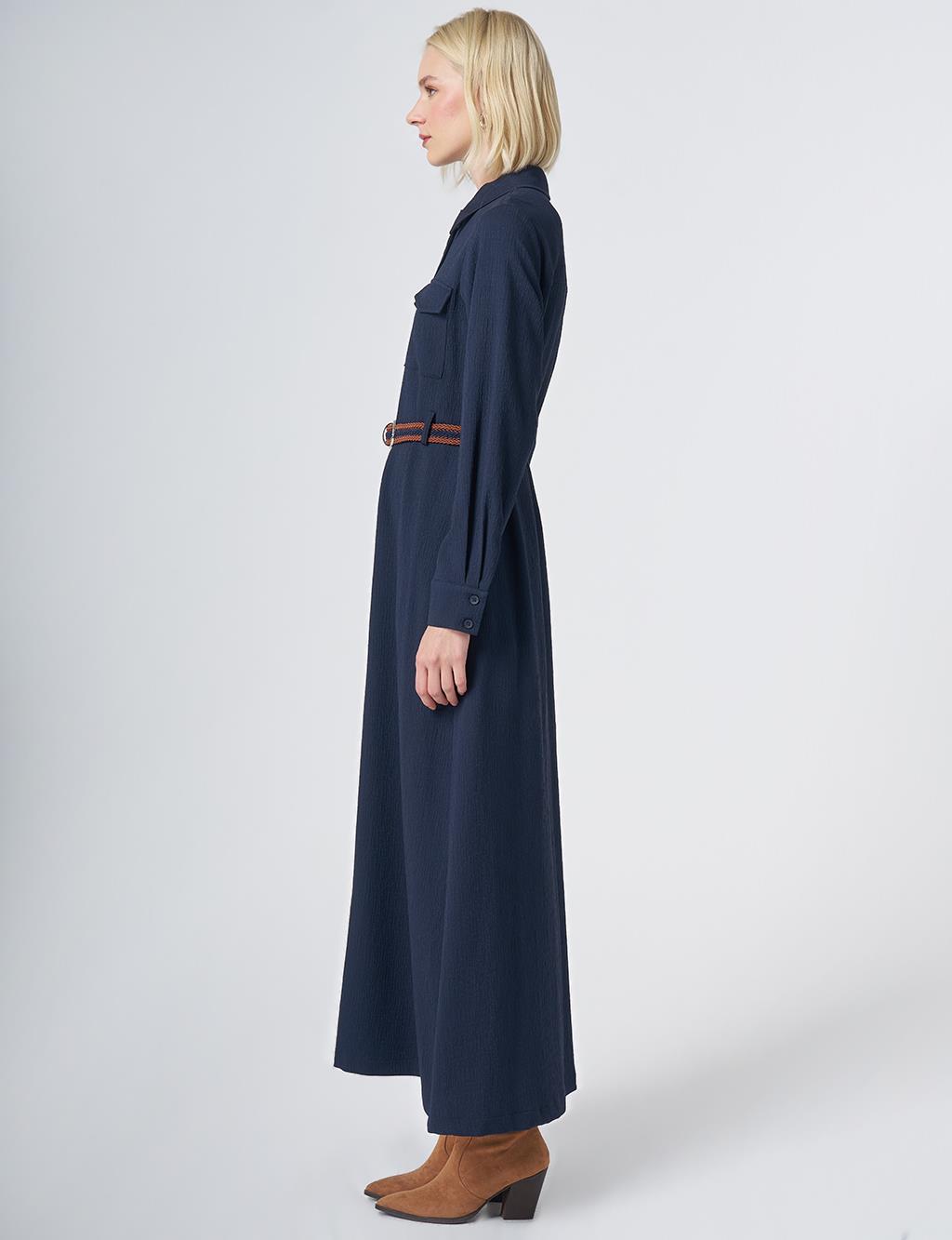 Maxi Dress with Woven Belt Detail – Dark Navy