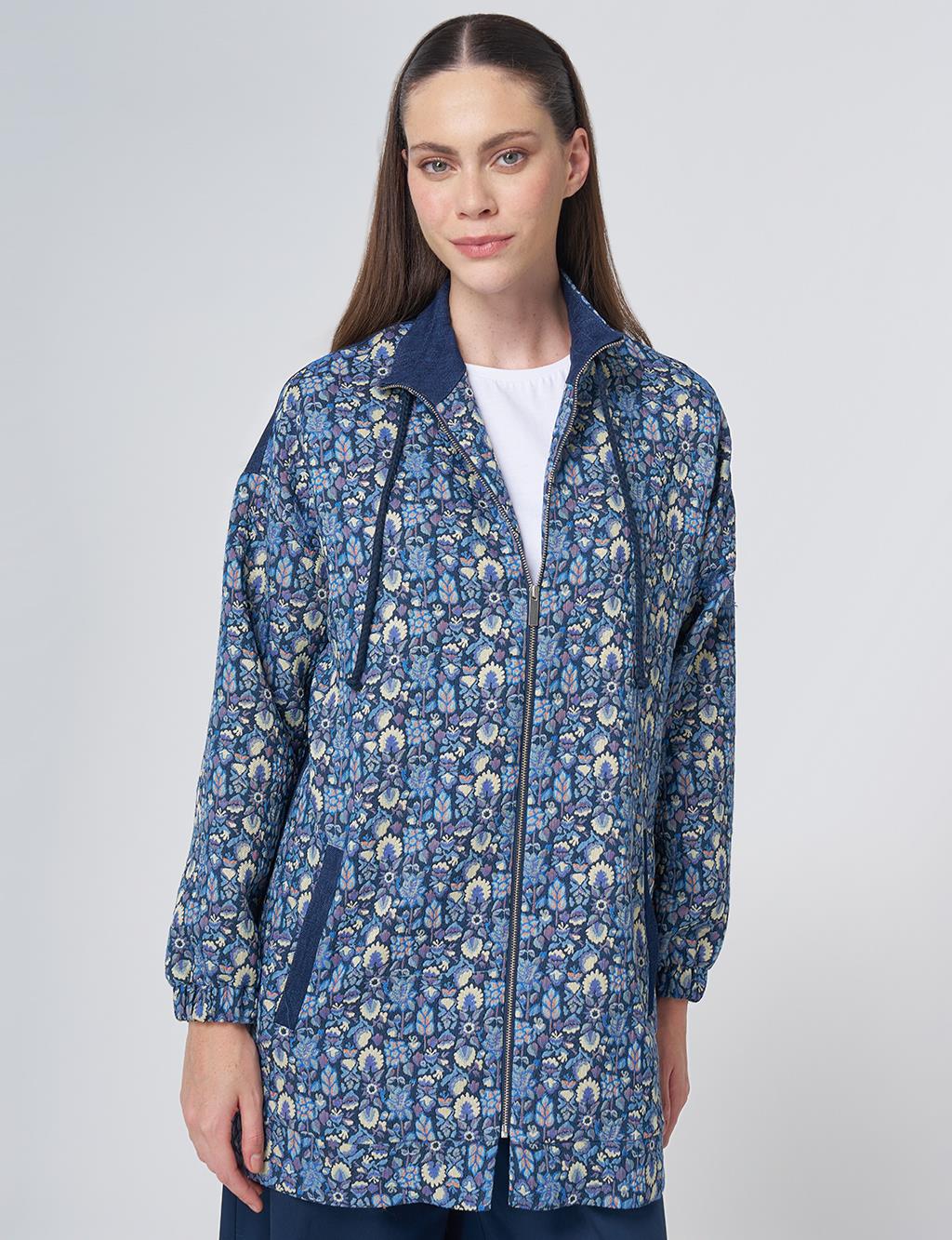 Floral Desen Fermuarlı Ceket Limoni 