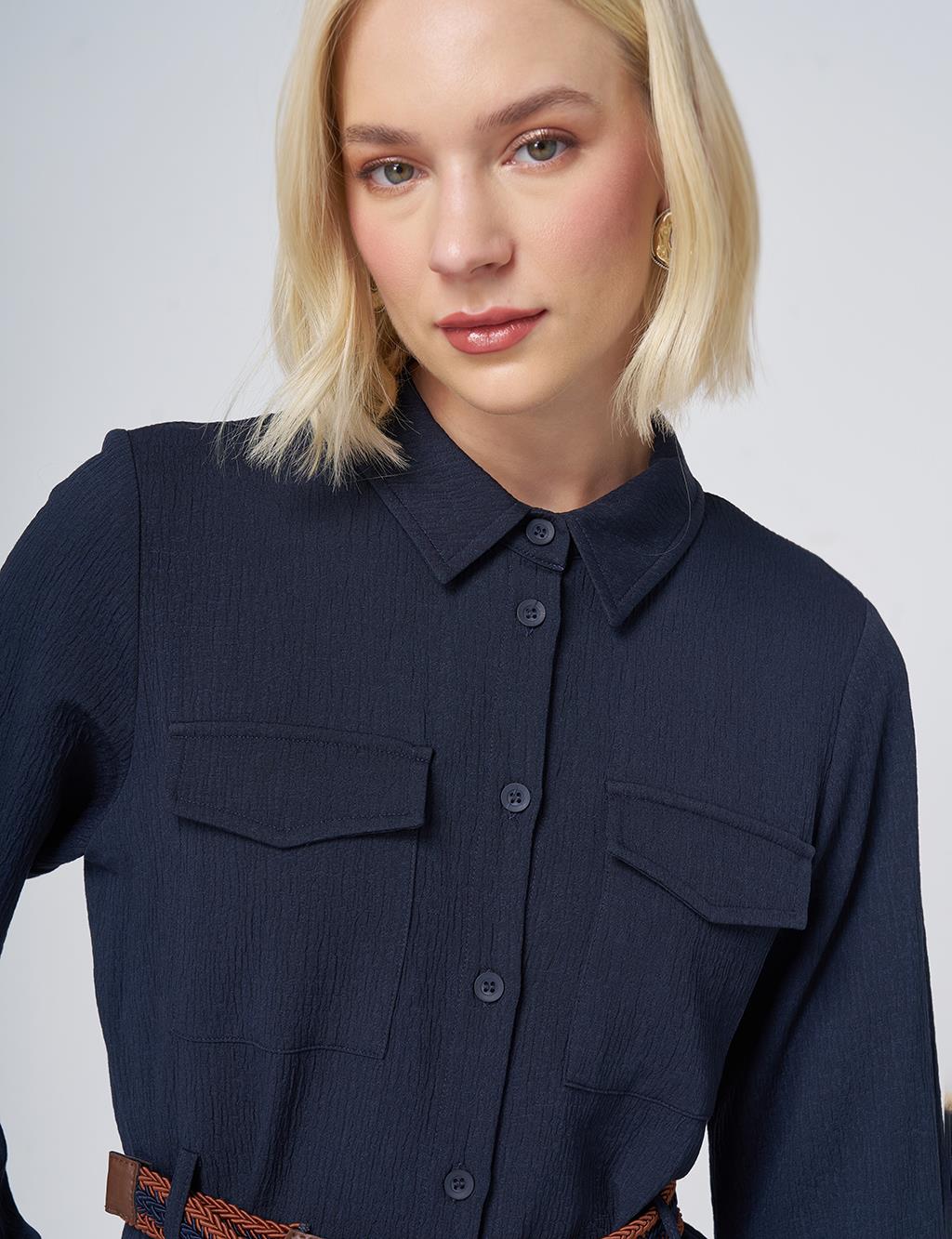 Maxi Dress with Woven Belt Detail – Dark Navy